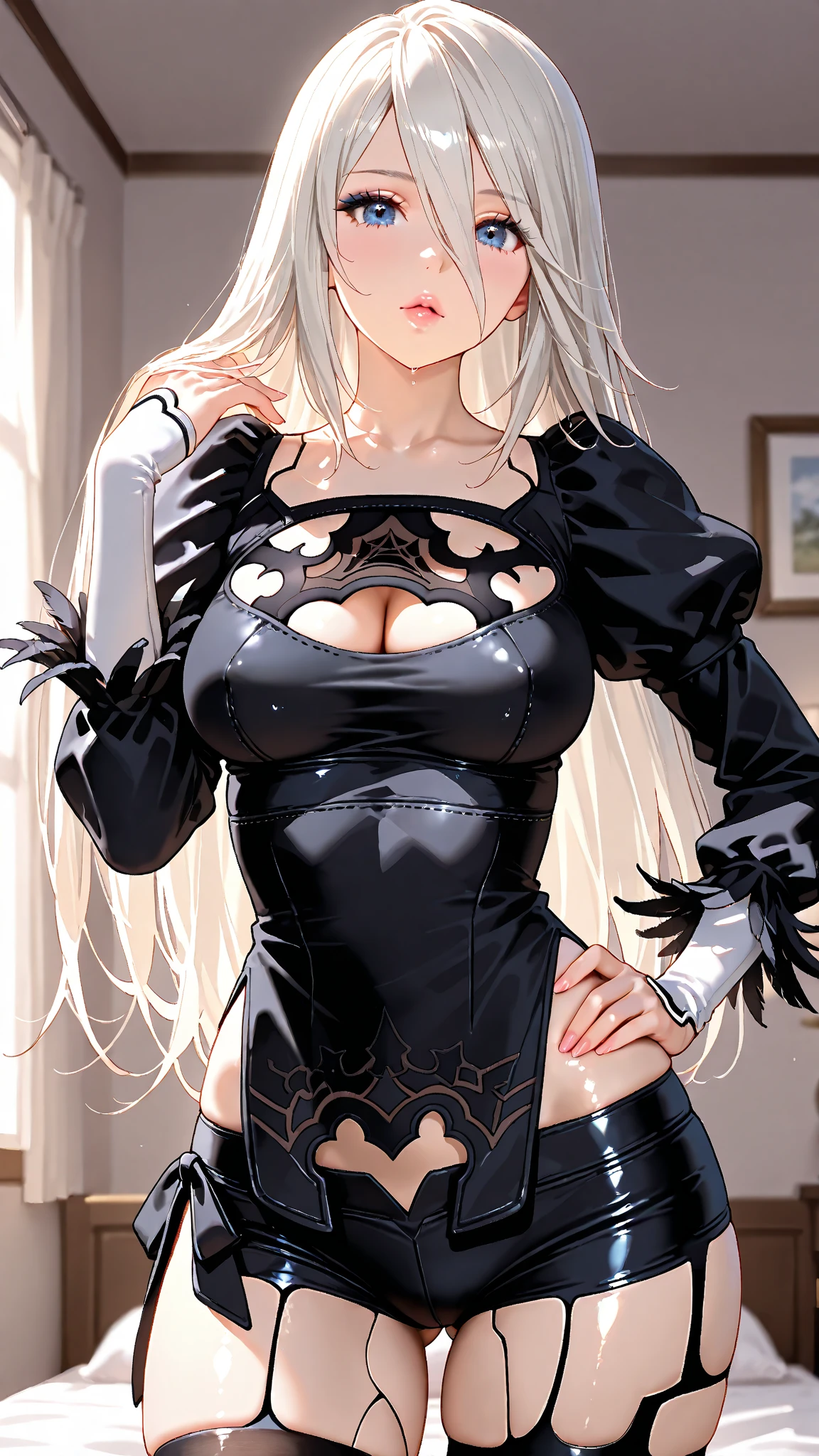 1female, White hair, Red eyes, (woman,Royal Sister_Shot:1.2), breasts focus, Long hair, side locks,Smile and cry,Extreme panic,Chest close-up front,After being violated ,Scared,(terrified:1.1) expression, Place one hand behind your back, Atmospheric lighting, Moody,, On the big stage, Clear glass display case full of interesting items, Dusty, Post-apocalypse, spiderwebs, masterful, Beautiful 8k wallpaper,Camel hooves ,Extremely detailed, Intricate,a warm color palette,Bare chest leakage,huge tit(D),plethora of colors,bright sun,Shoulders exposed,Wear a dog collar around your neck,Wear black lace,Broken clothes,With a queen-like temperament,succubi,revealing her belly,Supple skin,Broken mirror,Blushing shyly,Deep grooves,musculature