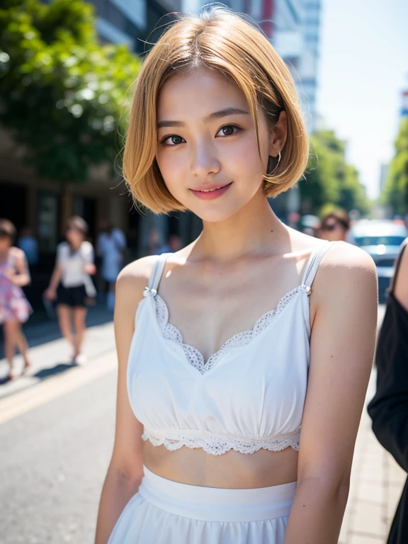 Harajuku fashion, A 20 y.o (fit girl) in a white sheer fabric LACE CAMI, (loose & oversize light jacket:1.27), smooth skin, short pants, (platinum:1.25)brown hair, (Haircut For Wavy Hair), dynamic pose, ((puffy eyes)), (flowing hair), smile, happy, happiness, high detailed skin, skin pores, stunning innocent symmetry face, long eyelashes, black eyeliner, light golden eyeshadow, light pink nose blush, outdoors, Harajuku street, (wind), (NSFW:1.27)