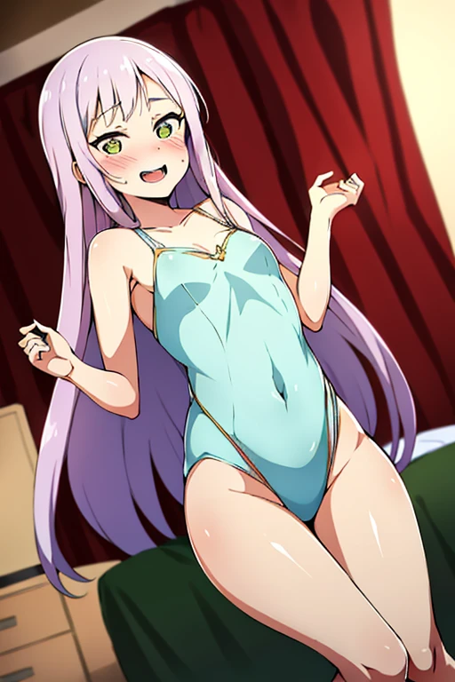 1girl, chloe, dark_skin, long_hair, pink_hair, yellow_eyes, hair_between_eyes, bangs, harf_updo, one_side_up,  from above, (9years old, short stature, Short arms, Short legs), lie on one’s back, lying, spread legs, open legs, perfect anatomy, (regulation navy blue one-piece swimsuit), big ass, gigantic breasts, huge breasts, large breasts, naughty smile, bed, anime, anime screencap,