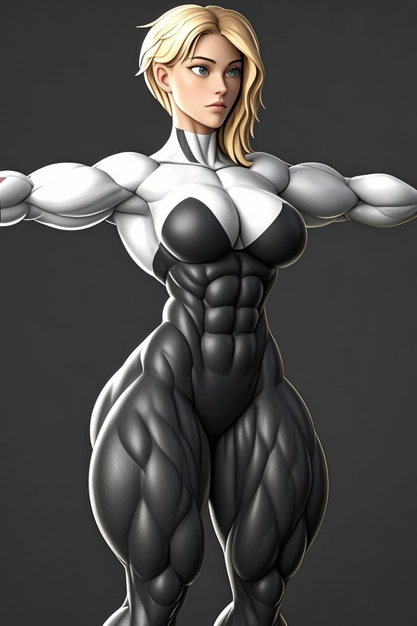 blonde pamela anderson female fitness model, toned body, feminine, huge upper body, torso shot, wide shoulders, veins, beautiful face, detailed eyes, perfect eyes, makeup, full lips, slim face, high cheekbones,(best quality, highres, ultra-detailed, realistic), muscular arms, defined abs, confident expression, ((light silver gray gymsuit)), lovely gaze,  blank background