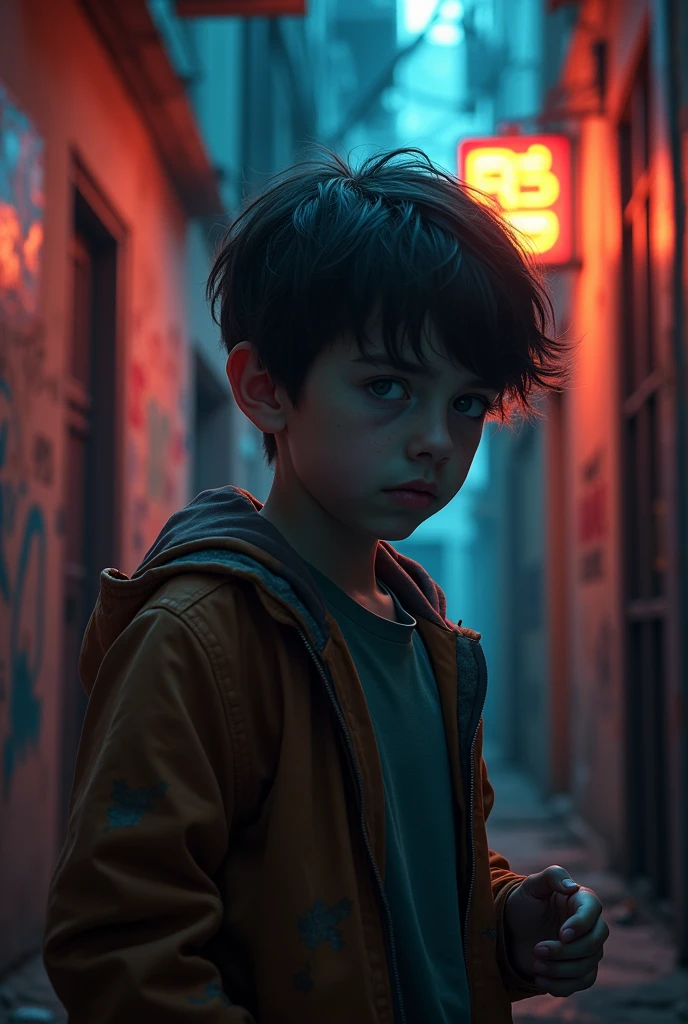 a dark-haired boy with striking eyes, beautiful detailed lips, extremely detailed facial features, long eyelashes, wearing a fiery red jacket, in an urban setting with neon lights, cinematic lighting, moody atmosphere, vibrant colors, 8k, high quality, photorealistic