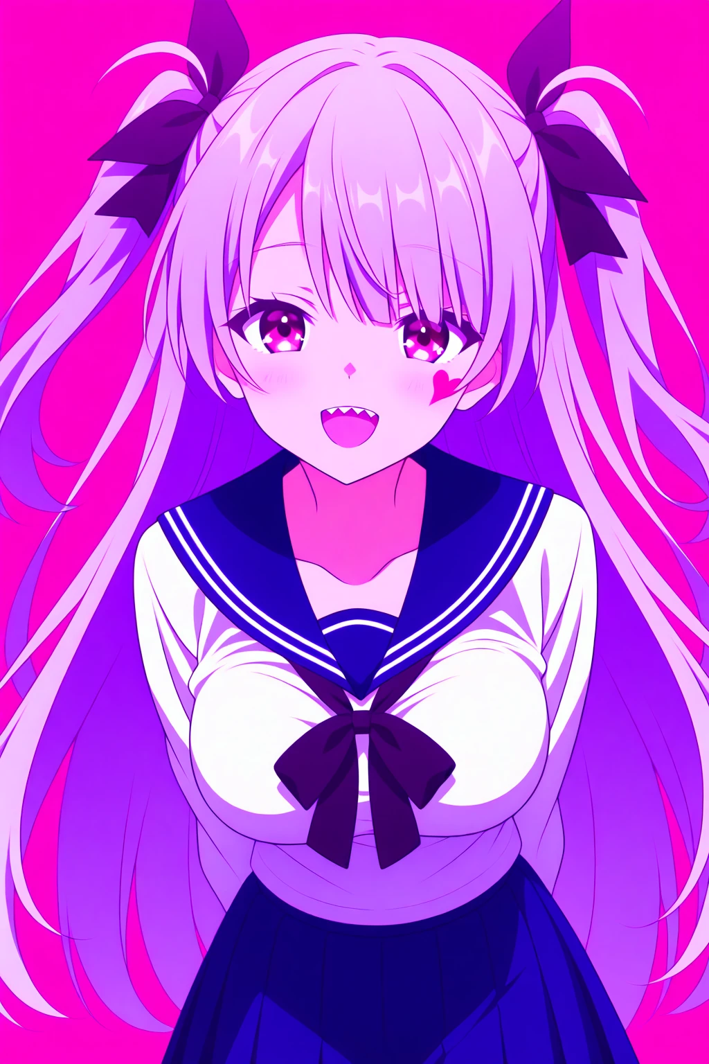 (8K、Highest image quality、highest quality、masterpiece)、detailed face、((one loli))、silver hair、short twintails、gray eyes、evil smile、((grin))、small breasts、((serafuku))、short sleeve、((black miniskirt))、((pink panties pull))、((bent over:1.5))、cowboy shot、back alley background