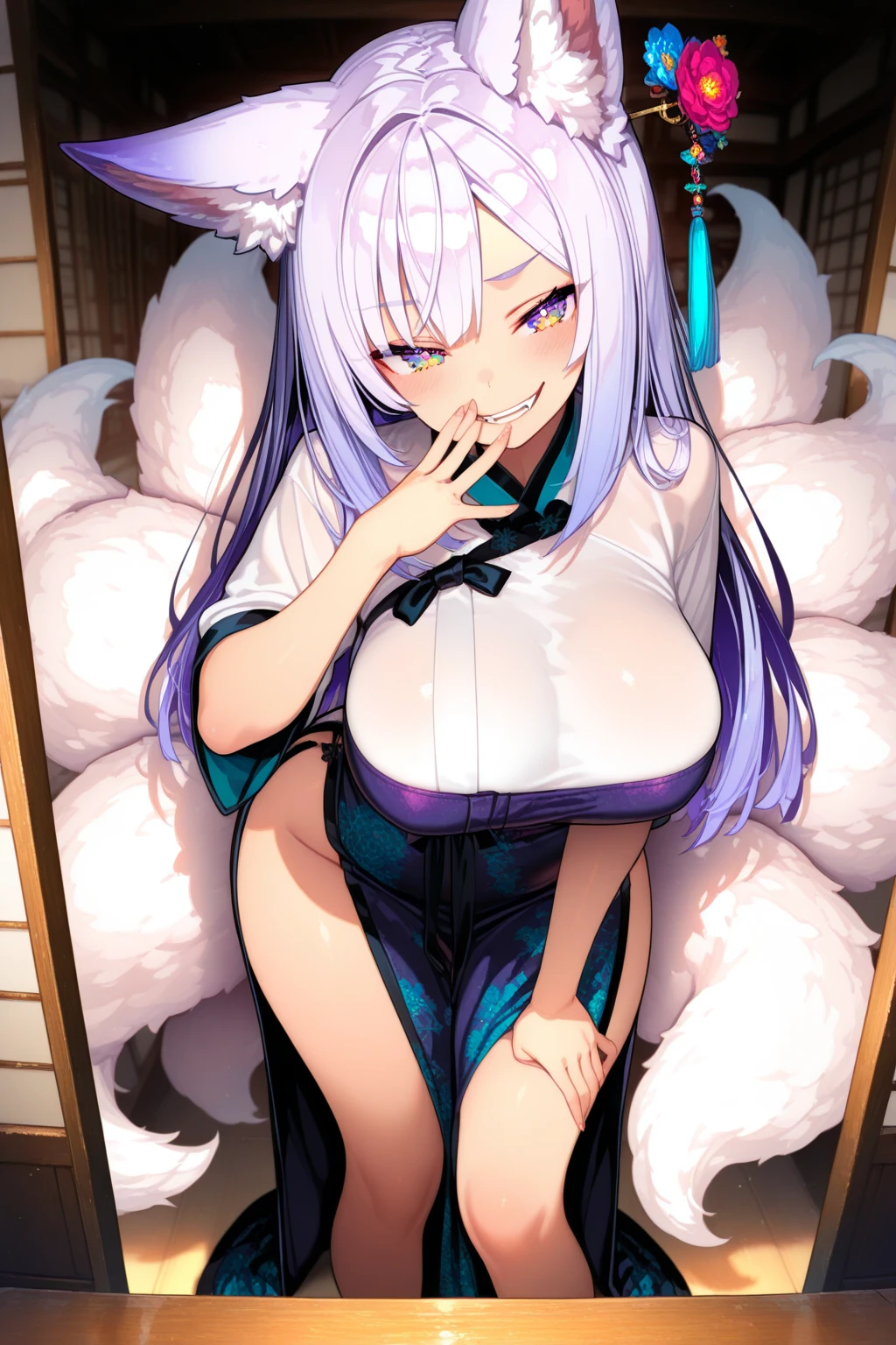 a girl with long white hair, purple eyes, sexy, sensual,black goat horns,voluptuous,wearing a purple kimono, oiran style