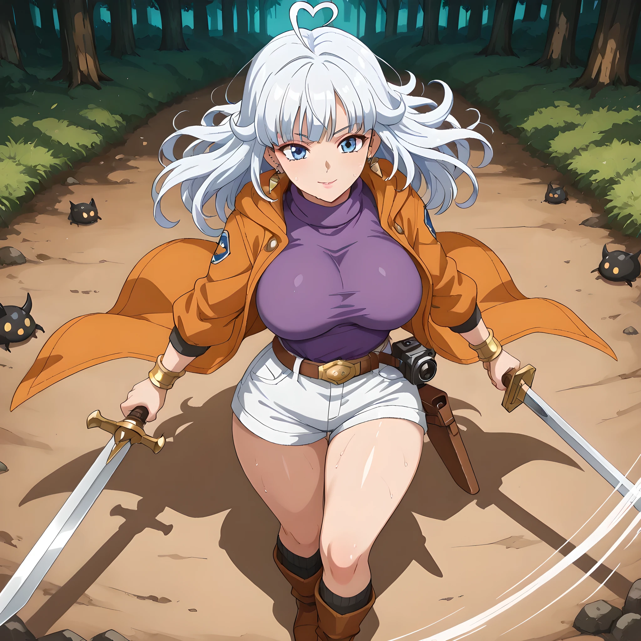 (extreme high angle, zoomed-in view of the scene, battlefield with several soldiers lying on the ground, monsters destroying the nearby kingdom), ((tilted camera, view of the attack against a giant dark monster, anime scene, 1woman, solo, swordsman in battle pose, drawing sword, movement of sword being removed from sheath, slashing attack, trail of attack, epic battle scene, enemy in front of protagonist, shadowy creature):1.10), (anime style Chrono Trigger:1.15, warm colors in anime style, ultra quality, full HD, 4K quality, perfectly detailed eyes, rich scenery details, ultra facial details, ultra image sharpness, epic atmosphere, balanced light, focus on the character, beautiful woman), enchanted forest based on the anime Chrono Trigger, magical creatures flying around, black butterflies flying around the trees, lake near the protagonist, mountains visible in the distance but covered by a dense fog, distant kingdom seen on the horizon), {Ayla from Chrono Trigger}:((Adventurer's outfit, walking happily through the forest, orange hooded coat, thorn choker, black star printed on the jacket, charismatic behavior, woman looking with a smiling gaze, sapphire blue eyes, half-closed gaze, straight bangs, thighs together, white denim shorts tight on her fleshy thighs, purple turtleneck blouse with vertical black stripes tight on her round breasts, blouse pressing on her breasts, tight clothing on the body accentuating her curves, sensual lips, tight green thigh-high socks, heart-shaped ahoge hair, sweaty skin, orange cloth boots with black laces, messy hair and curled at the ends, double-colored white hair, green streaks at the ends, golden pupils, carrying a black-bladed sword with a golden jewel in the center in the sheath attached to her waist, golden earrings, rings of different types of jewels, bronze bracelets)), ((big breasts, round buttocks, curvy body, standing upright, strong body, woman with defined body))