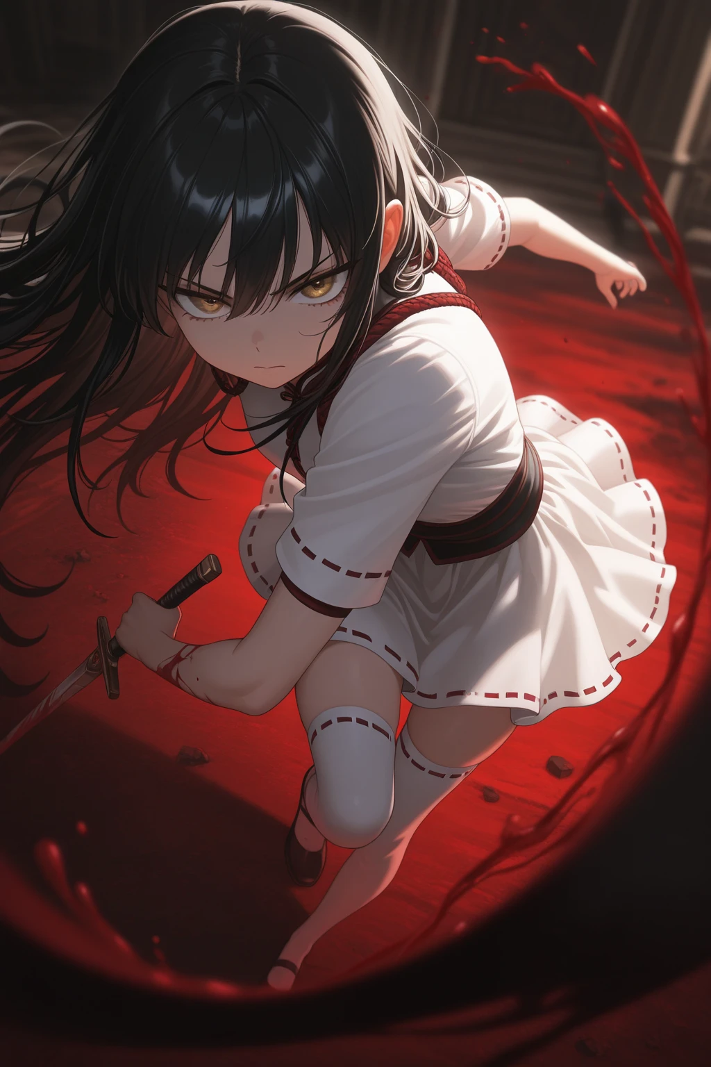 Little People Series, Yuki Osanai, Bob、Shortcuts, cropped black hair, bangs, Slanted Eyes、(Red gradient eyes:1.2), Expressionless、((Red cheeks))、Young、Short、(Trembling)、((Small breasts))、(avenger、murderer、Serial killer)、Holding a weapon such as a crowbar、Bathing in blood、Bloody clothes、Blood dripping from the forehead、(No underwear)、Blood tears、
break , Open the chest、 Visible valley, Blood-stained body and face、Bloody white sleeveless top,Around town、Night Sky、Starry Sky、
break、Around townを歩く、Hug viewers、Spread your arms、Wide-open sleeveless、Hair fluttering violently in the wind、(Hug the user)、
masterpiece, Highest quality, High resolution, unity 8k wallpaper, (Beautiful attention to detail:1.6), Highly detailed face, Perfect lighting, Highly detailed CG, (Perfect hands, Perfect Anatomy,Perfect five-finger),Full body portrait、