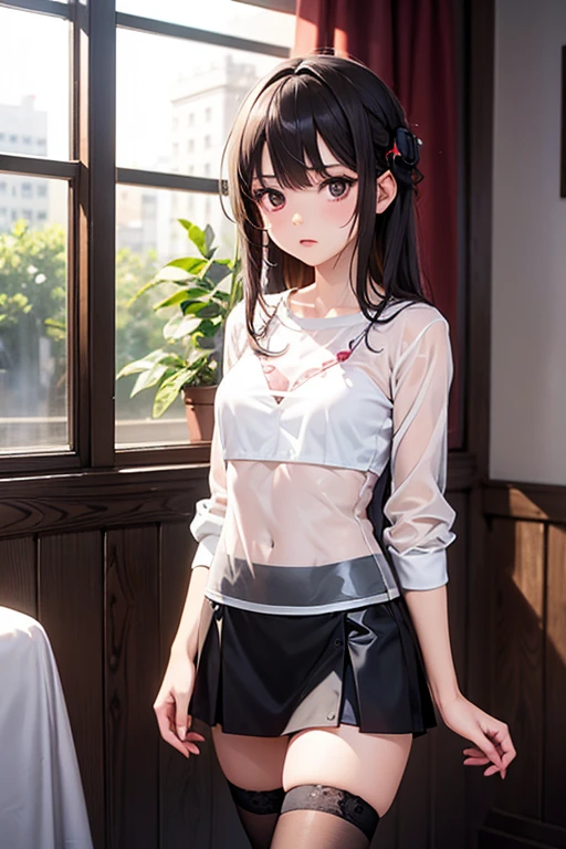 ((Highest quality)), ((masterpiece)), (detailed), One girl, sexy，(非常にdetailedな CG ユニティ 8k 壁紙), (masterpiece), (Highest quality), (超detailed), ，Crying face，(Best illustrations), (Best Shadow), Sweat, vapor, View your viewers, Very beautiful face，Handsome，Crying face，blush，
Japanese young girl，Embarrassing，Humiliation，blush，Completely naked，（（（nsfw,nude1.9）））,Beautiful teeth alignment，Beautiful body lines，Beautiful Hands，Beautiful legs，Thin legs，Thin hands，Small breasts，Shapely breasts，Same size breasts，Long black hair，Shiny hair，Twin tails，Curved waist，Flexible body，Thin legs，Soft body line，Half-open mouth，White socks，Red ribbon around neck，Lots of drool coming out of the mouth，Full Body Shot，Are standing，In front of the hotel room entrance，The door to the room is closed，Stylish Western-style hotel，Embarrassing表情，Looking up，Girl looking down，Expressions of ecstasy，Climax expression，Girl lifts skirt to show panties，White panties，White shirt，Black Skirt，Love juices flowing down her thighs，Wet panties，Embarrassing表情，See-through nipples，Panties taken off to the thighs
