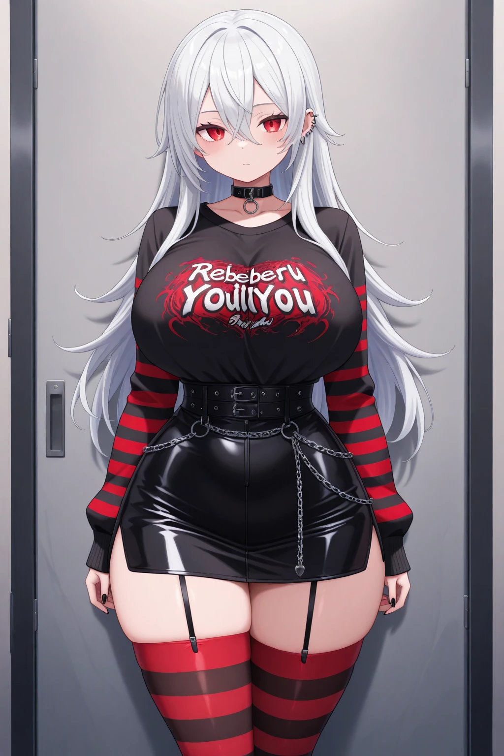 masterpiece, best quality, highres, aanozomi, long hair, streaked hair, hair ornament, hair bow, polka dot, hair flower, ear piercing, earrings, heterochromia, off shoulder, choker, necktie, red shirt, short sleeves, bandages, midriff, black belt, plaid skirt, red skirt, black shorts, chain, thigh strap, fishnet pantyhose, <lora:ishigami_nozomi_v1:0.7>, indoors, hand on hip,