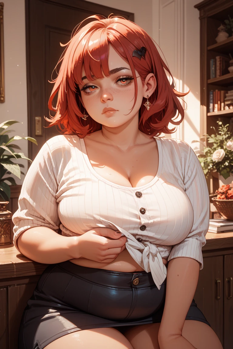 (masterpiece), best quality, 1female, 23 years old, she has short flowing light RED hair, hair straight, (short hair: 1.5), (red hair: 1.35), (messy hair), red eyebrows, (brown eyes: 1.35), (large breasts: 1.35), (huge breasts: 1.35), (thick thighs: 1.35), (wide hips: 1.35), big chest, curvy girl, well shaped body, (white skin: 1.35), (((wearing, black tiny panties and white baggy t-shirt))), (((plain t-shirt))), (loose t-shirt: 1.35), (living room, home, warm light background), (detailed background), 8k quality, wallpaper, high quality, Cinmatic lightning, happy, gentle face, expressive face, (detailed face), the face is well lit, (detailed eyes), beautiful eyes, (grinning), big smile, (centered,scale to fit dimensions,Rule of thirds), highres,sharp focus,(ultra detailed,extremely detailed),(photorealistic artwork:1.37),(extremely detailed CG unity 8k wallpaper),(((vibrant colors,vibrant theme))), (white t-shirt: 1.35)