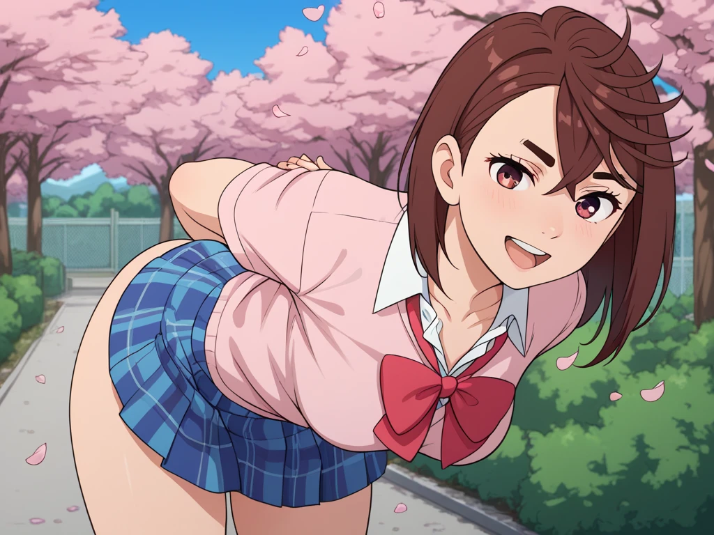 ((1 girl)) ((Idol Master))Maruka Higuchi,Happy,outdoor,garden((multiple views))whole body,Low - Angle,panties,bra,(Plaid hort sleeve shirt)Unbutton your shirt,brown hair,shortcut