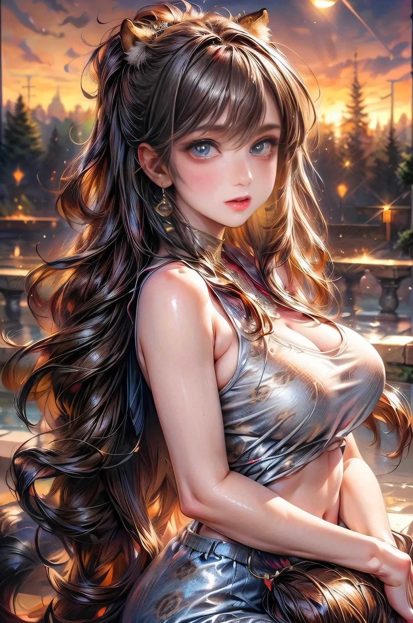 (nsfw),white long dress, sexy dress,floral print, china dress, 1girl, long hair, bare shoulders, bare arms, thighs,((gigantic breasts, sideboob)), upper body, (masterpiece, high quality, best quality), (colorful),(delicate eyes and face), volumatic light, ray tracing, bust shot ,extremely detailed CG unity 8k wallpaper,solo((flying petal)),(Flowery meadow) sky, blue sky, sunny, light, fantasy, windy, magic sparks, outdoors, park, trees, flowers, lake,