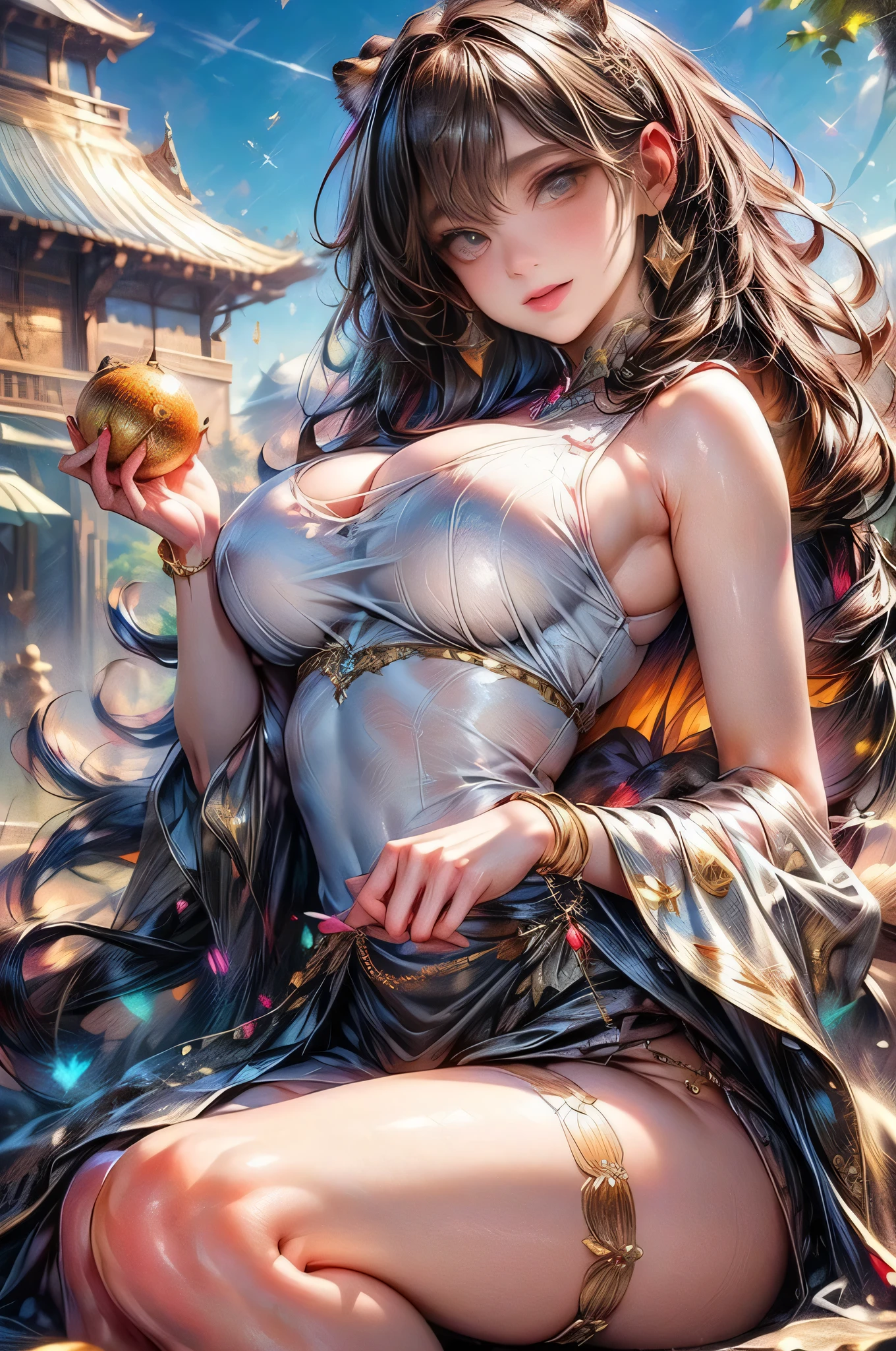 (Masterpiece:1.5), (((High qualityสุด, best quality, High quality))), ((complicated details, very detailed, Crazy details)), height, 32ก, Extremely detailed CG 8K unity wallpaper., (beautiful and beautiful:1.2),, (depth of field:1.3), (Flawless.:1.3), (Delicate depiction of details:1.4),
(((Abundant natural light, Delightful bright colors))), (Ambient volumetric backlight:1.5),  (Illustration of an extremely beautiful young woman:1.3),
(upper body:1.4), (perfect center:1.4), (Natural willow pose:1.5), (((dynamic poses, movie corner))),
(1milf:1.5), (alone:1.4),
beautiful beautiful face, [(detailed face:1.2):0.2], Bright eyes, Pure Rose Face_v1, ulzzang-6500-v1.1,  (gag:1.5), (red lips:1.4), (full lips:1.4), (smile:1.3),
Flawless attractive body, (((The feminine curves are pronounced.))), Skin glows brightly., realistic skin, hair follicles, (((Tightening belly, navel, Groin:1.3))),
(((Golden thread flutters.))), (Fringed tassels:1.3), (Tight long sleeves:1.4), (Single neck), (The invention shines.:1.5), (Elegant and intricate clothing accessories:1.5), (Embroidery work decorated with gems:1.4), (sparkling clothes:1.4), (sparkling particles:1.3), (((The front seam is sagging., Sagging back seam))), (((earring, armband, Hair clips, hair accessories))), (Stand alone in a magical outdoor garden decorated with gems and colorful exotic flowers and shrubs.:1.5), (Outside the great ancient palace:1.5), (((full body))),(((ขับnavel,List of dances,Thai Dance))) ,Breast curtain, Pelvic curtain, no panties, elbow gloves, bridal gloves, Single thigh,, 