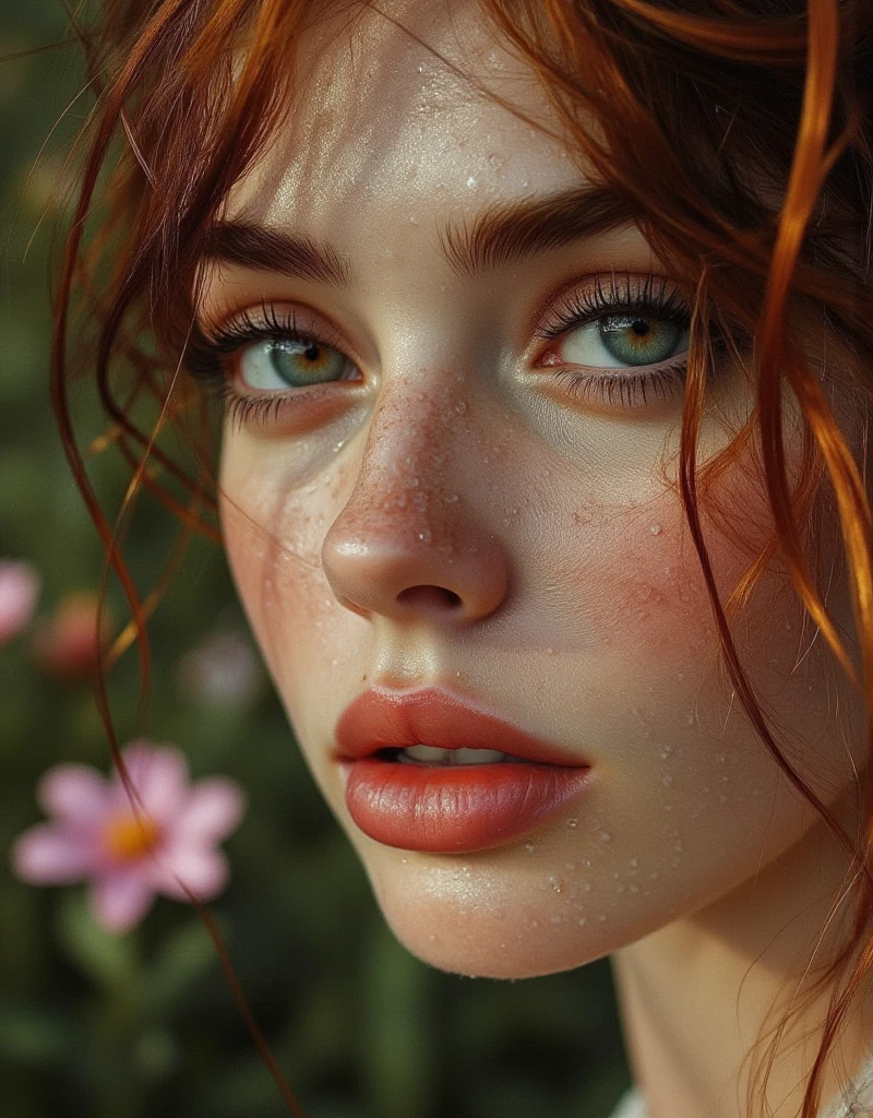 score_9, score_8_up, score_7_up, score_6_up, photorealistic, full body  shoot, beautiful girl, red hair, freckles, green eyes, red lipstick, ((wet hair, wet skin)), wet white dress, in the rain, posing in the rain, smiling, downpour, in a field of flowers, looking at viewer, HDR
