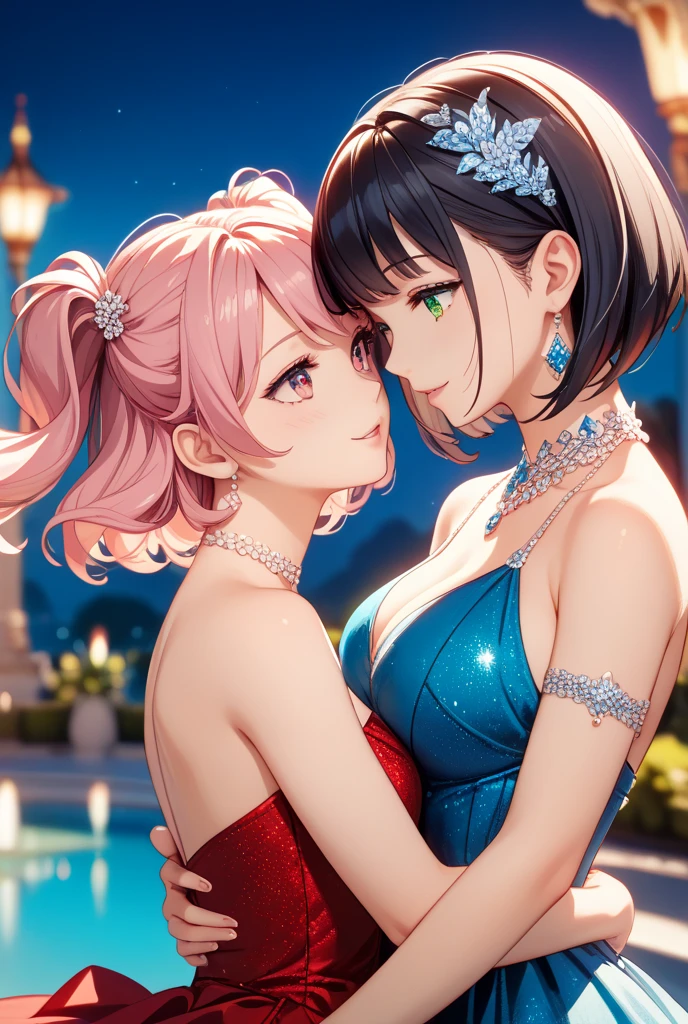 (highest quality,high resolution,(Ultra high fine mesh,4K), (ultra high resolution,8K),muste piece:1.2), (perfect anatomy,anatomically accurate), (angle from below), (soft lighting, rendering), ((very beautiful goddess mother and daughter)), ((grab each other's breasts)), (((evening dress))), ((Beautiful view from the lounge of a luxury hotel)), (sexy mole), (From the back, Look back:1.2), (fascinating expression), (very detailed and beautiful face), (Crisp double eyelids), (large breasts:1.3), (soft skin), (It's photorealistic), (shiny skin), (pinkhair), (Pixie Cut)