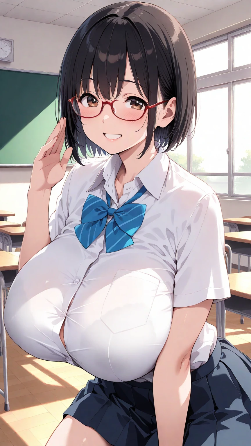 (Very large breasts,Cleavage:1.7),Browsing Caution,Kitasan Black(Horse Girl),Huge breasts,Completely naked,A big smile、(school uniform:1.5)、School、In the classroom、blackboard、Putting on a collar、Earrings、Earrings、bracelet,(masterpiece, Highest quality, Highest quality, Official Art, beautifully、aesthetic:1.2), (Super detailed)、(Nipples:1.5),navel piercing,Shaved,Open your mouth,(Steam is coming out of the body:1.2)、Cleavageがある,(Cowboy Shot)、(Beautiful Face:1.5)、(Shirt lift:1.5)、flipping clothes,Upper Body、Wear glasses、Exhibitionism、Animal ears,Breast milk is coming out