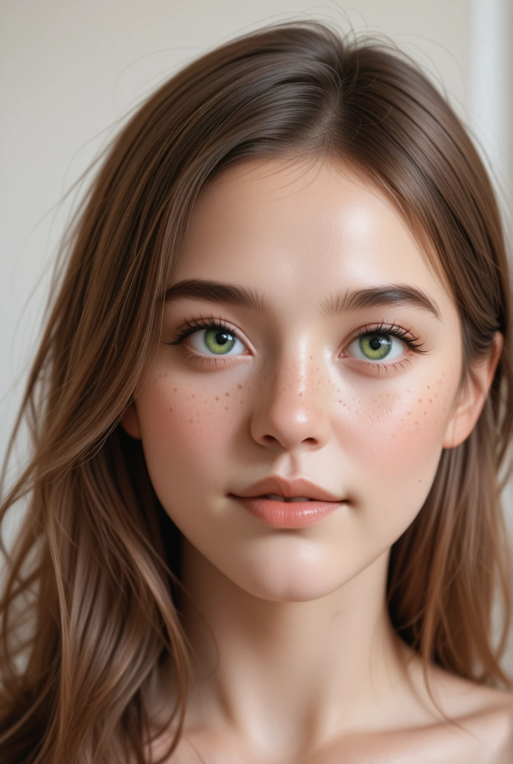 Teen girl with a ponytail, freckles, green eyes and brown hair Beautiful realistic
