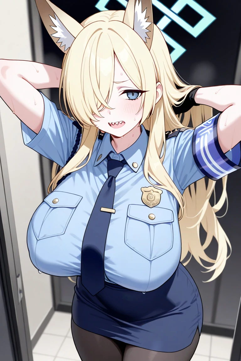 (RAW photo:1.2), ((photorealistic:1.4),(masterpiece:1.3),(best quality:1.4),ultra high res,(detailed facial features),(detailed body features),HDR,8k resolution, 1 girl, blush, long blonde hair, 8k, ultra high details, perfect nose, cinematic lighting, perfect body, police uniform, 1 man, fuck on table, pussy, penis, perfect , open mouth, big tits