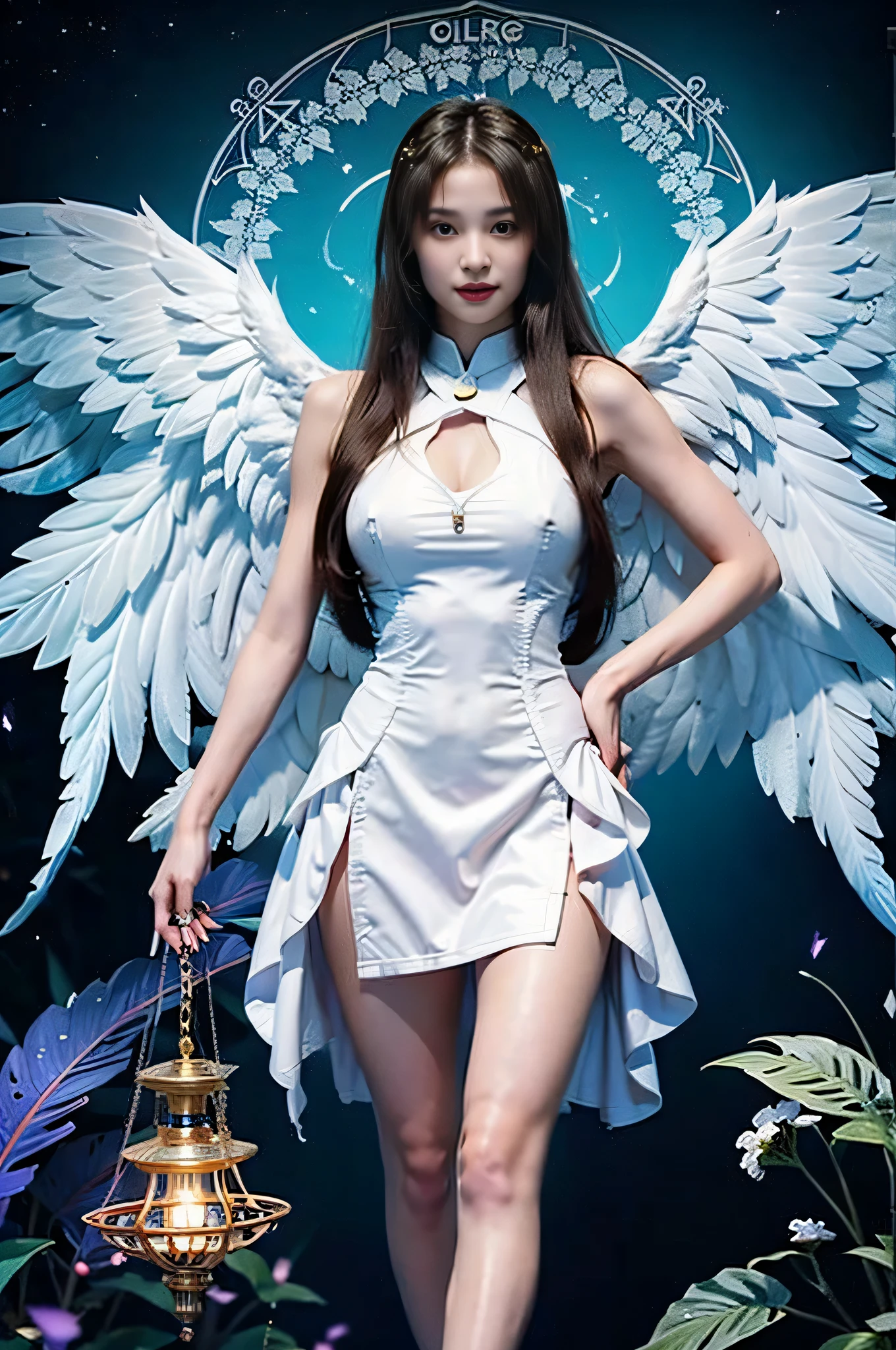 1 girl,masterpiece,hires,full body shot,portrait, looking at viewer, solo, (full body:0.6), detailed background, close up, shining (cyberpunk theme:1.1), divine angel of the skies, sunshine, flying, birds, clouds in background, majestic divine atmosphere, bright light, holy aura, bloom, divine light, white clothes, ray of light,