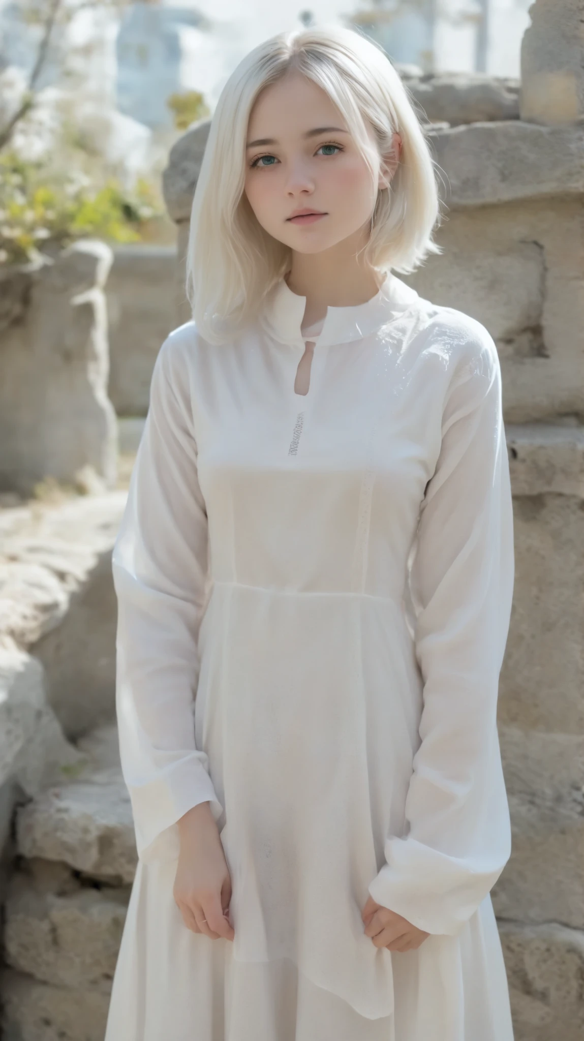 (((white background:1.3)))、((( 1 Albino Girl 、cute face、cute girl))), (((teenager))) ,((( White eyes :1.3)))、white dress、((white shirt:1.3、white block dress)), tyndall effect , realistic, Shadow Studio,Ultramarine, Picture, high resolution, 4K, 8k, background blur,Beautiful Fade Out、White World、white background