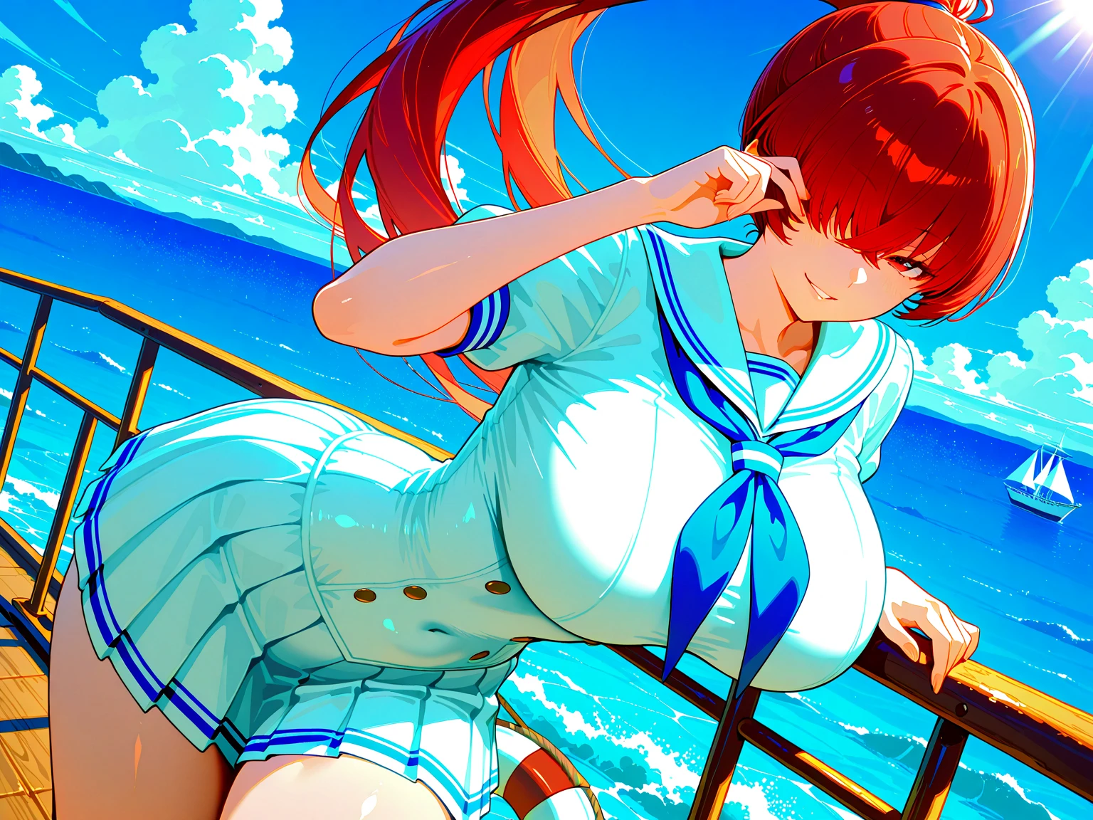 Giantess appears from underwater in front of a giant cruise ship, the cruise ship looks very small in front of her because it is giant, she is naked, she has red hair and white skin, she has small breasts but very sexy legs and her body is very curvy. Goddess, Attack, giant, cruise ship, naked, sexy, hot, ocean, in the middle of the ocean, without buildings, High quality, Red hair, excited girl, hottest, tall girl, sexy legs, monster girl, Standing, cruise ship, cruise, giant cruise, attacking, evil giantess