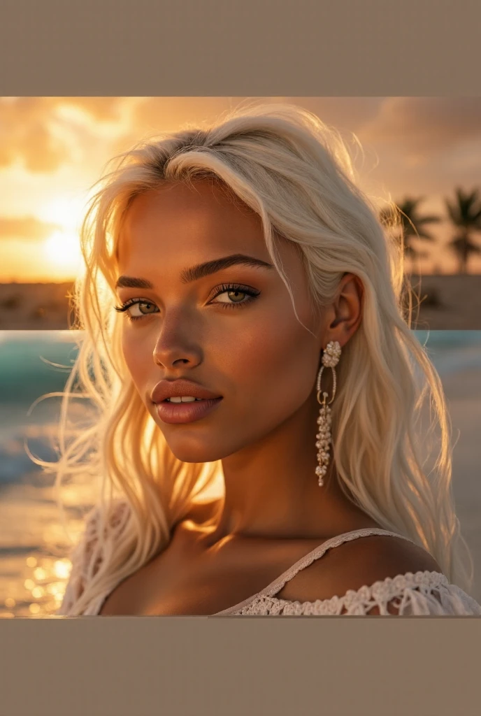 Linda mulher rosto lindo atraente perfeito blonde hair longos lisos , darkskin , red lipgloss stick, blonde hair , she is in the desert at the gas station