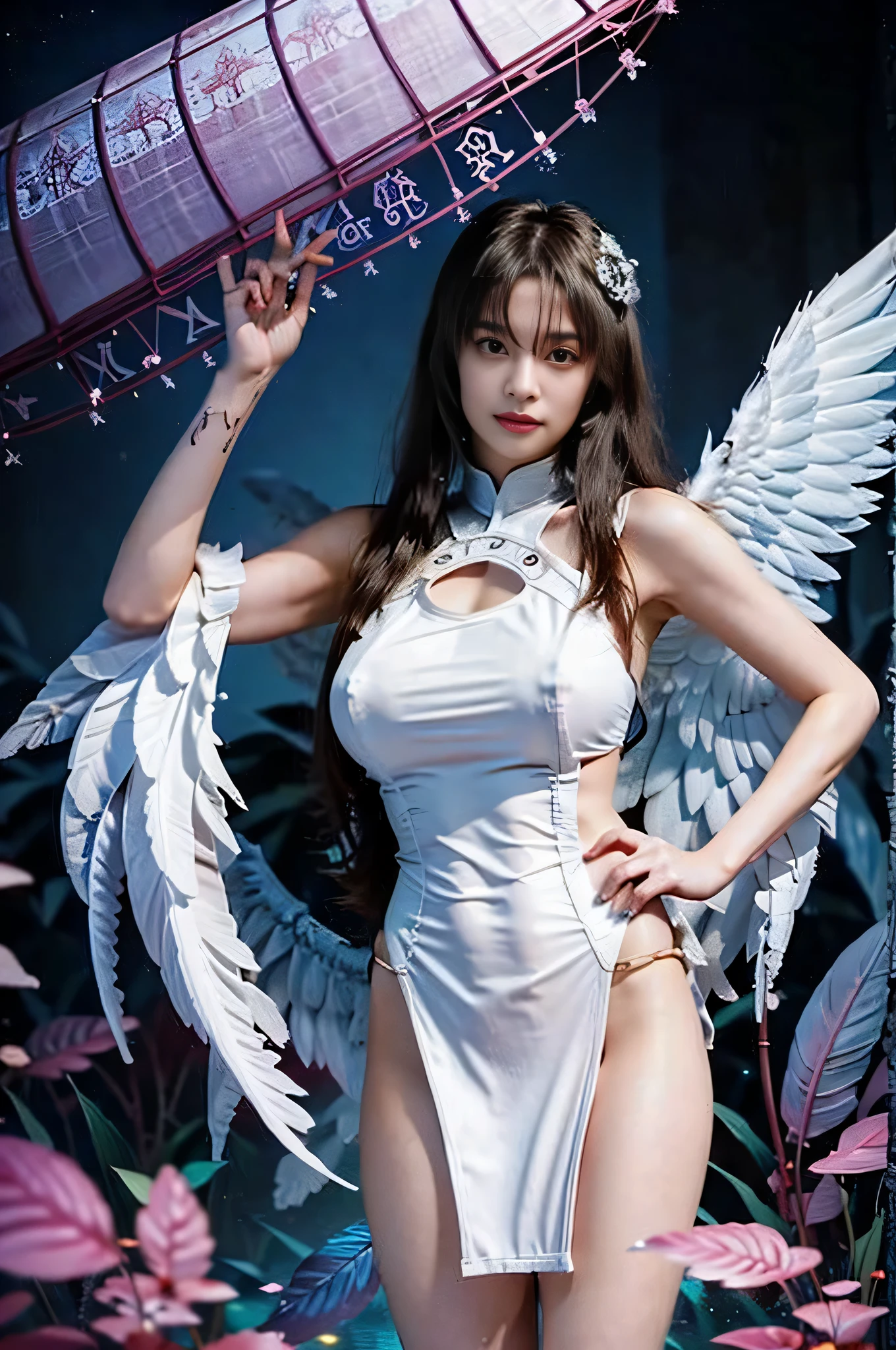 ((top-quality:1.4))、(unparalleled masterpiece ever)、(The ultra -The high-definition)、(ultra realistic 8k cg)、(Photorealsitic:1.4)、RAW Photography、ciinematic light,In the dark forest、The tree々Sunlight penetrates、(actionpose:1.4)、(dark shot:1.4)、Platinum White Hair、Beautiful angel covered with jewels、((Highly detailed white luxury mecha armor))、 verd s eyes、Broken Angel Wings、、lensflare、Shading by sunlight、8 class large、thin body、Add depth to images with backlight effects、 perfect anatomia、portrait 、 looking at viewer