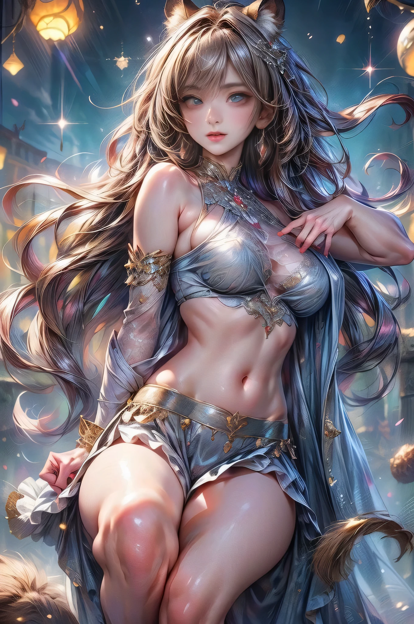 a woman in a silver dress posing for a picture, concept art by Raymond Han, cgsociety contest winner, fantasy art, ((a beautiful fantasy empress)), fantasy dress, a beautiful fantasy empress, karol bak uhd, fantasy gorgeous lighting, fantasy woman, fantasy robe, blonde goddess, style of karol bak, draped in shiny gold and silver, sexy gown