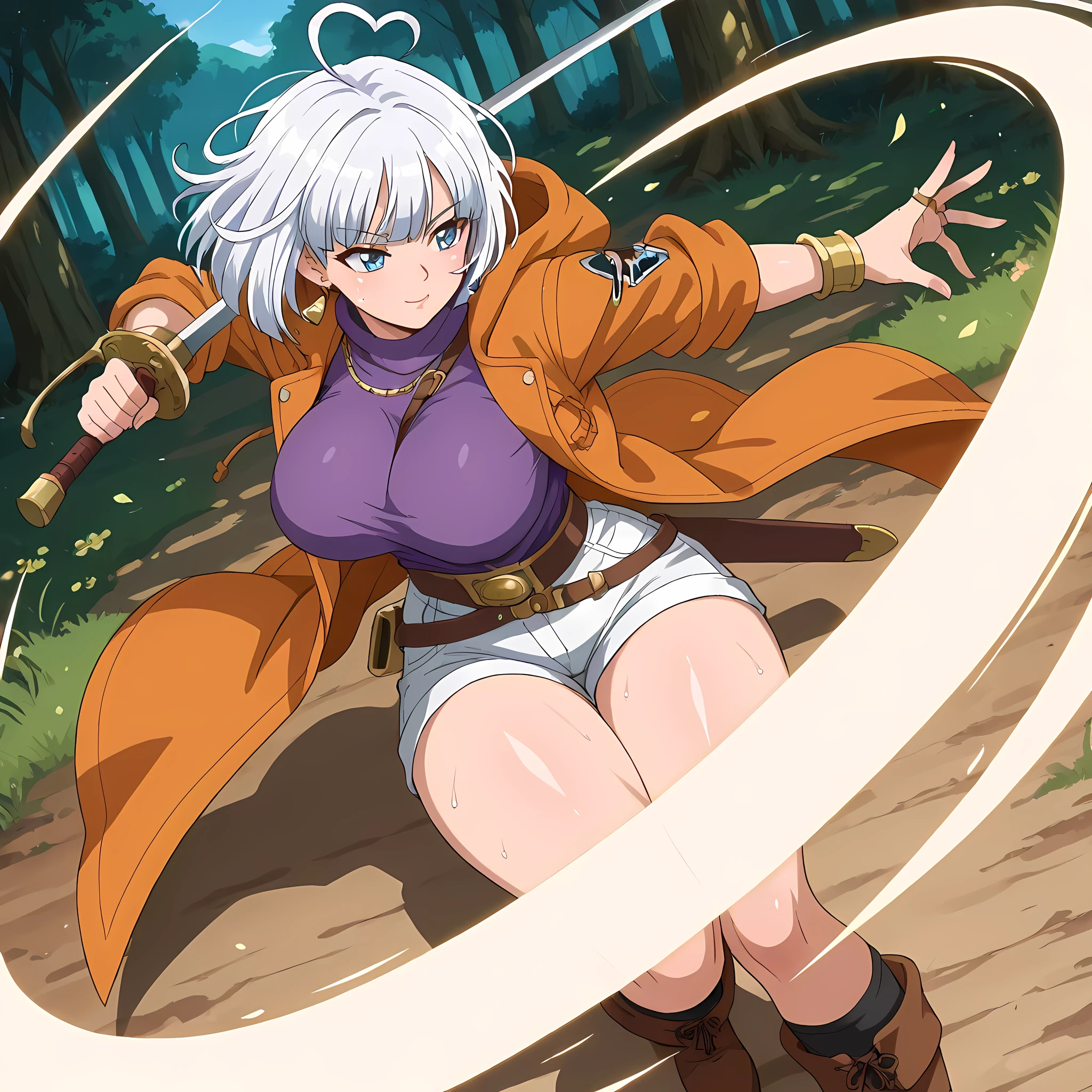 (extreme high side angle), ((battlefield with several soldiers lying on the ground, wind cut, attack pressure, giant wolf advancing against the swordswoman wind cut, attack pressure, giant wolf advancing against the, anime epic scene, 1woman, solo, swordsman in battle pose, drawing sword, movement of sword being removed from sheath, slashing attack, trail of attack, epic battle scene, enemy in front of protagonist, shadowy creature):1.10), (anime style Chrono Trigger:1.15, warm colors in anime style, ultra quality, full HD, 4K quality, perfectly detailed eyes, rich scenery details, ultra facial details, ultra image sharpness, epic atmosphere, balanced light, focus on the character, beautiful woman), enchanted forest based on the anime Chrono Trigger, magical creatures flying around, black butterflies flying around the trees, lake near the protagonist, mountains visible in the distance but covered by a dense fog, distant kingdom seen on the horizon), {Ayla from Chrono Trigger}:((Adventurer's outfit, walking happily through the forest, orange hooded coat, thorn choker, black star printed on the jacket, charismatic behavior, woman looking with a smiling gaze, sapphire blue eyes, half-closed gaze, straight bangs, thighs together, white denim shorts tight on her fleshy thighs, purple turtleneck blouse with vertical black stripes tight on her round breasts, blouse pressing on her breasts, tight clothing on the body accentuating her curves, sensual lips, tight green thigh-high socks, heart-shaped ahoge hair, sweaty skin, orange cloth boots with black laces, messy hair and curled at the ends, double-colored white hair, green streaks at the ends, golden pupils, carrying a black-bladed sword with a golden jewel in the center in the sheath attached to her waist, golden earrings, rings of different types of jewels, bronze bracelets)), ((big breasts, round buttocks, curvy body, strong body, woman with defined body))