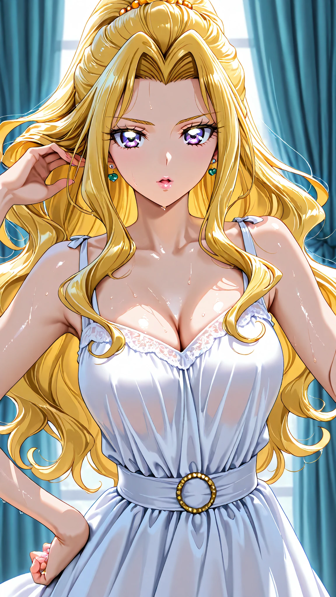 score_9, score_8_Excellent, score_7_Excellent,Anime goddess showing her armpits,(masterpiece, Highest quality, Highest quality, Official Art, beautiful,beautiful:1.2), (One person), Very detailed,Perfect Face, ((beautifulファンタジー皇后)), 8K high resolution, Detailed Art, beautiful and elegant queen,(Blonde), Greek decoration,High resolution decoration,beautifulメイク,Very long eyelashes,Perfect Eyes,Saggy breasts,White silk dress (((Very large breasts))),Cleavage,Mature Woman,50 years old,beautiful汗ばんだ脇の下,Slimy and shiny armpits,Sweating,