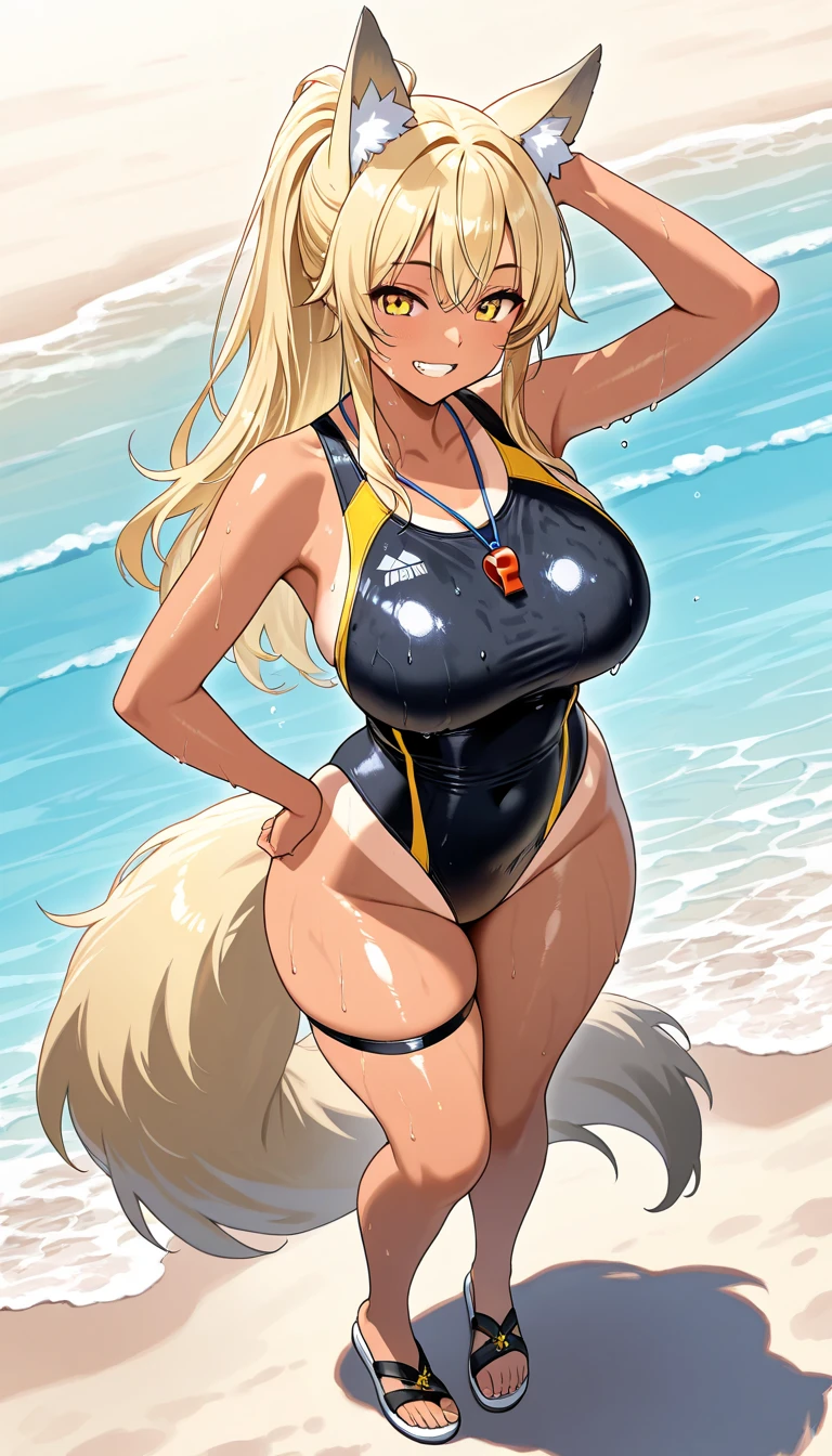 Highest quality, Highest quality, High quality illustrations, masterpiece, Ultra-high resolution, Detailed Background, Beach, Absurd, Perfect Anatomy, performance, Good lighting, Shadows in the movies(kemono, Furry Personifi猫ion), fox, Rubber Swimsuit, bikini, Dynamic Angle, nipple bulge