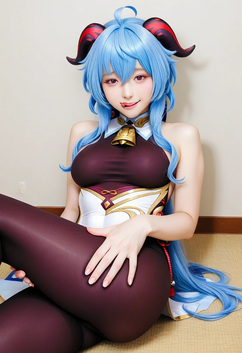 Ganyu,1girl,ganyu \(genshin impact\),horns,solo,gloves,blue hair,breasts,detached sleeves,looking at viewer,bell,black gloves,ahoge,purple eyes,long hair,bare shoulders,bangs,neck bell,smile,goat horns,cowbell,indoors,hair between eyes,cosplay,pantyhose,sideboob,bodystocking,flower,large breasts,realistic,blurry,black pantyhose,white sleeves,bodysuit,lips,curled horns,closed mouth,blurry background,thighlet,vase,couch,black bodysuit,
best quality,masterpiece,illustration,an extremely delicate and beautiful,CG,unity,8k wallpaper,Amazing,finely detail,masterpiece,official art,extremely detailed CG unity 8k wallpaper,incredibly absurdres,huge filesize,ultra-detailed,highres,extremely detailed,beautiful detailed girl,realistic,<lora:Ganyu:0.8>,