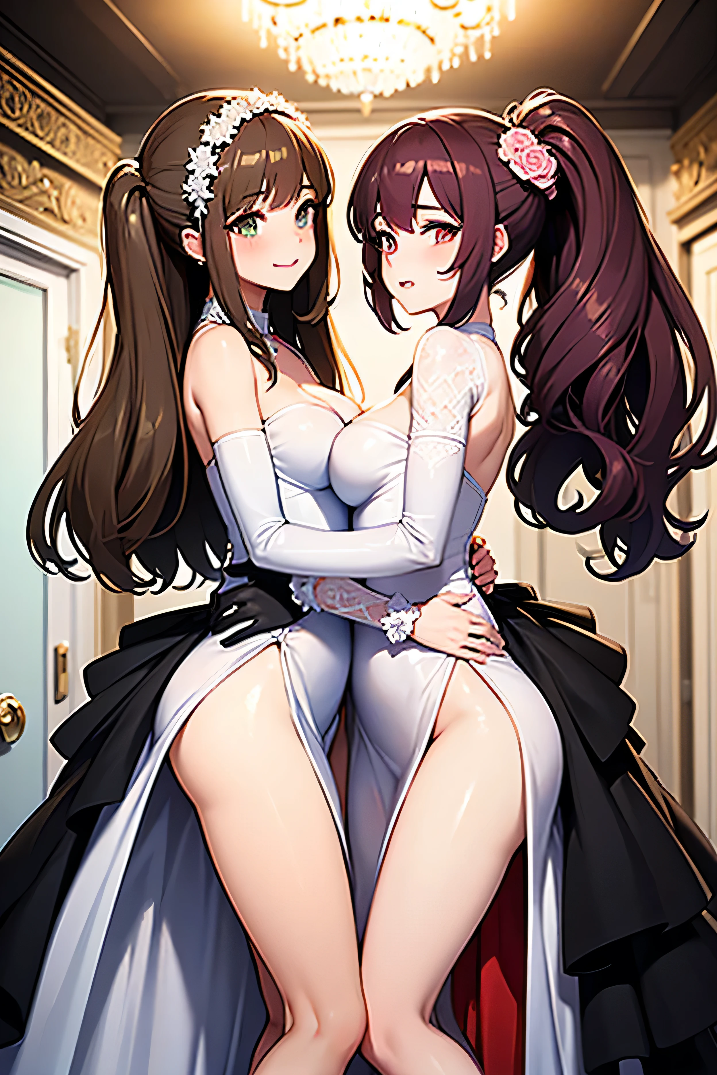 multiple_girls, animal_ears, holding_hands, 2girls, breasts, choker, sparkle_background, pantyhose, fox_ears, smile, interlocked_fingers, long_hair, symmetrical_docking, cleavage, tail, playboy_bunny_leotard, bare_shoulders, brown_hair, strapless, wrist_cuffs, red_leotard, brown_legwear, looking_at_viewer, pink_background, hands_together, collarbone, huge_breasts, yuri, breast_press, heart-shaped pupils, glowing eyes, sparkle, from side