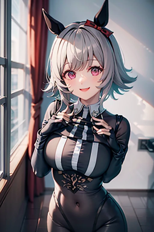 Android girl, light smile, white hair, home