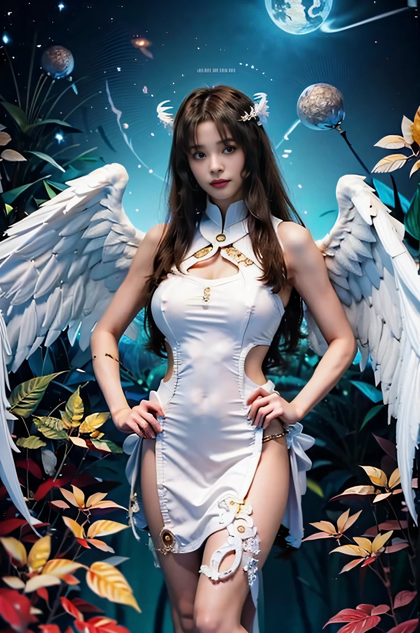8k,White-winged angel flying in the moonlight,Super Beauty(Like the real thing),Angel white robe,Beautiful smile,Highly detailed illustration, Ultra-high resolution, masterpiece, highest quality, Perfect glowing skin, Perfect lighting, Detailed lighting, Dramatic Shadows, Ray Tracing, Looking at the audience, Small breasts, Beautifully detailed hazel eyes, Sharp Face, Clear Eyes, Red lips, Long bangs, Short Curly Hair, Redhead, ((Moonlit night sky)), Upper Body, Red combat uniform, Military Harness,masterpiece,highest qualityのフォトリアリスティックなRAW写真。Bright colors,Rich colors, Backlight, Cinema Lighting, Film Grain, to be born, 50mm lens, Nikon D850,Detailed character art,Fantasy art,Ultra-high resolution,Ultra-Realistic Skin,Perfect hand shape,Big white wings,blonde,blue eyes,Long dress,Fantastic landscape,Countless angel wings flutter,