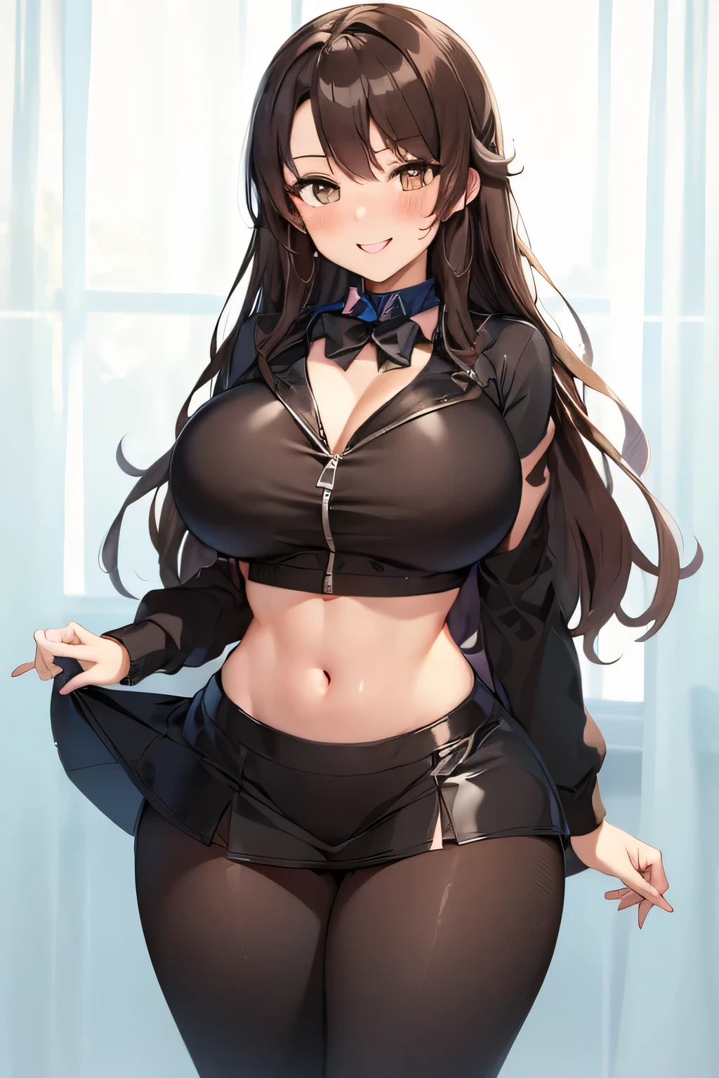 dominant powerful horny college girl flirting with the viewer. (ultra-detailed, NSFW, huge breasts, 4k, 8k, high res, curvy,plus size anime girl,confident, seductive,erotic) curvy, plus size anime girl, seductive, erotic, thick thighs, detailed eyes, detailed lips, alluring expression, captivating curves, cleavage, flirtatious, artistic rendering, smiling/smirking, fashionable, lots of exposed skin, mesh crop top, exposed midriff, exposed cleavage, no underwear, exposed unzipped mesh crop top, exposed breasts fully, skimpy, horny