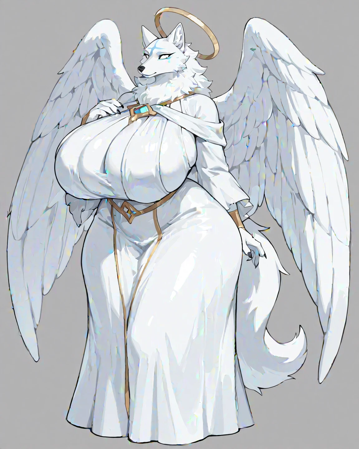 Elf woman milf body, massive breasts,massive ass,wide hips,full body view, long legs,white skin, long blonde hair, tall,white wings, tail,horns,cat ears ,wears white tight robe, smile,bedroom,white skin colour,four hands