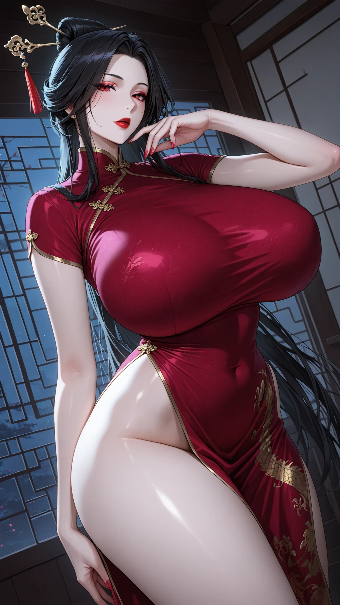xu-hairstyle,forehead,hair ornament,
(chinese clothes:1.28),
lady,mature female, cowboy shot,
(white background, simple background:1.18),
highres,official art,original,masterpiece,best quality,
(large breasts),
<lora:xu3:1>