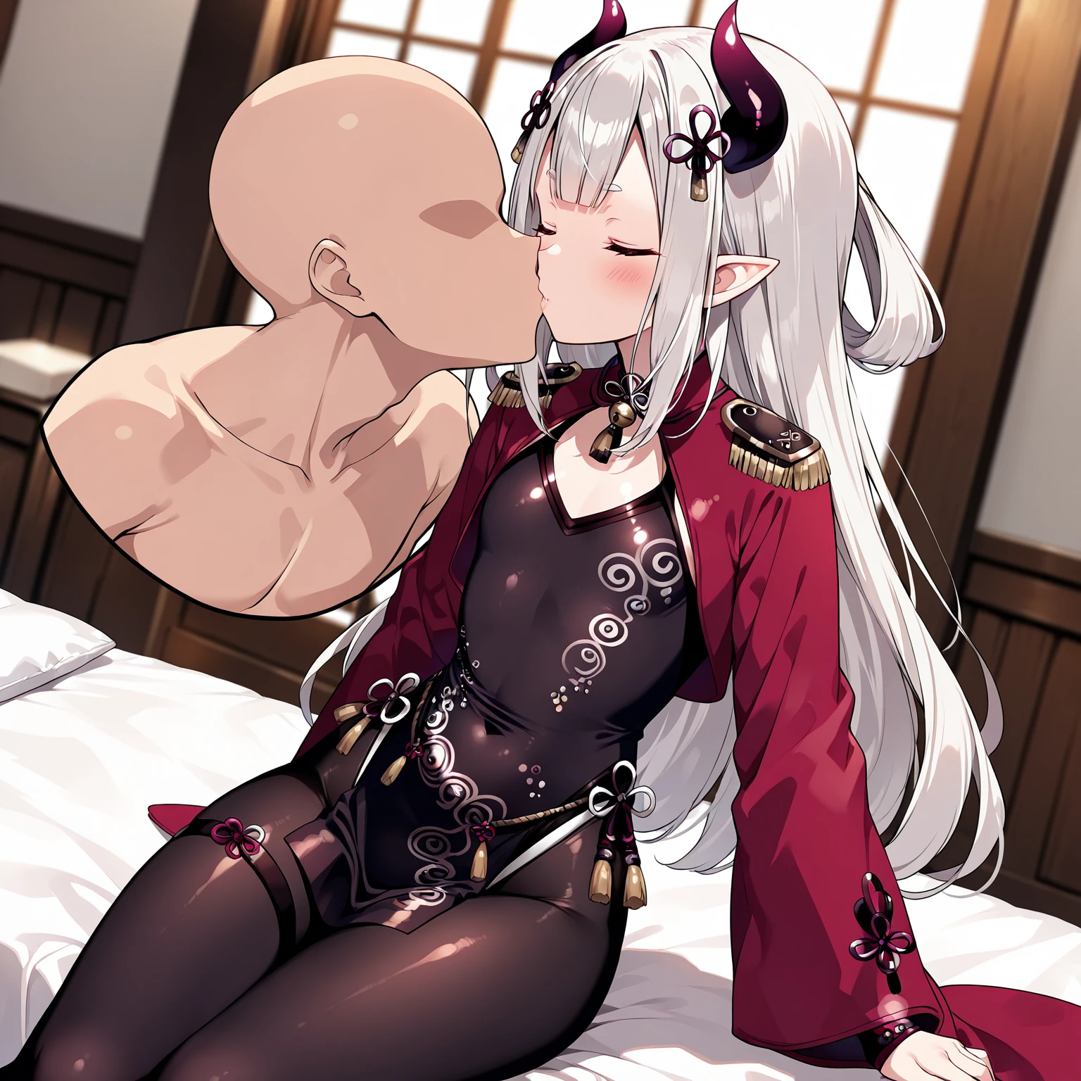 1girl, long hair, breasts, blush, open mouth, bangs, hair ornament, thighhighs, gloves, 1boy, bare shoulders, jewelry, green eyes, pink hair, white hair, hetero, multicolored hair, earrings, tongue, elbow gloves, tongue out, leotard, streaked hair, tattoo, grabbing, crown, corruption