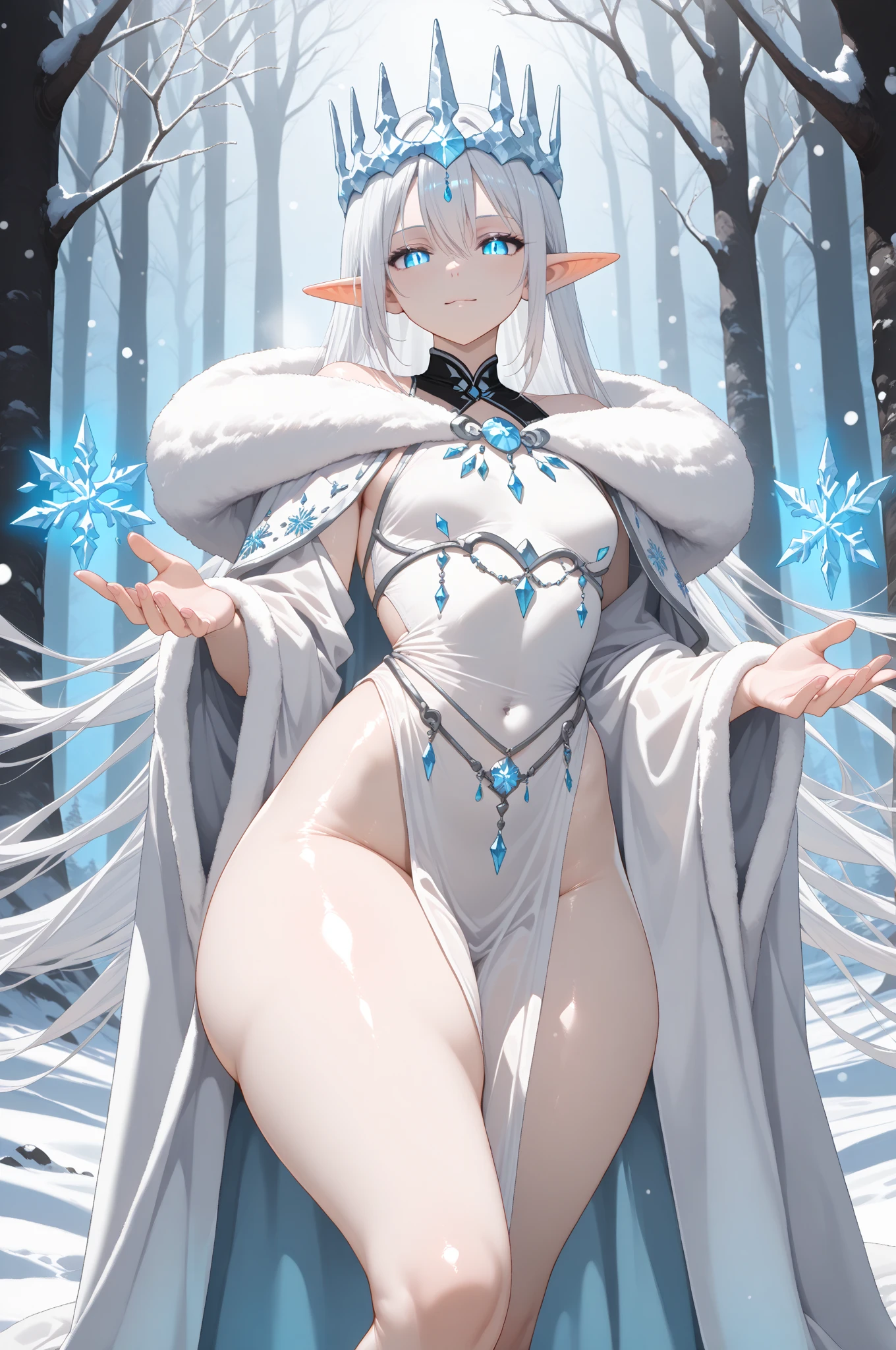 A youthfull naked girl sitting on a bench in a snowy forest. She looks like she has lived there for a long time. White hair. Braides. Blue eyes. Arousing. Wide hips.
