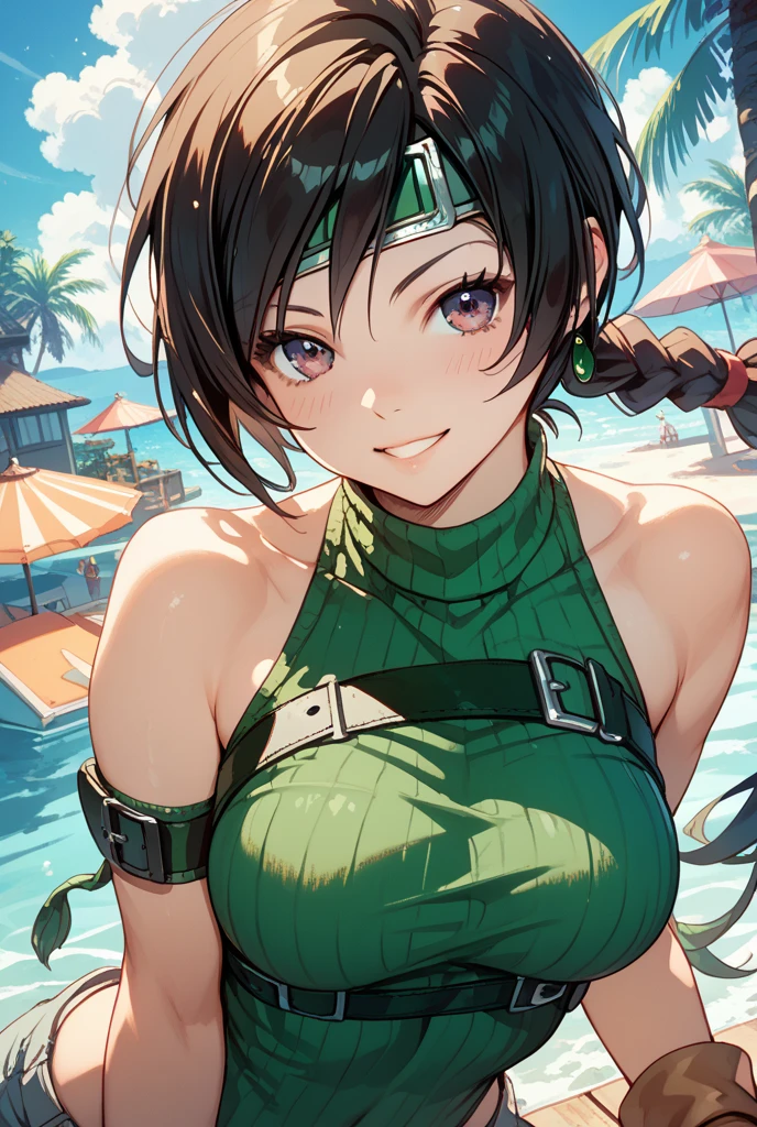 masterpiece, Highest quality, Super detailed, figure, colorful, Flat Color, Depth of written boundary, Lens flare, One girl, Akali \(League of Legends\), Black Hair, Green Eyes, ponytail, anime, (close), Detailed skin texture, Beautifully detailed face, (Micro Bikini), Captivating smile, Attractive clothing, clavicle, (Huge breasts:1.5, Torpedo), Muscular woman,Well defined nipples、Puffy nipples、Nipples are visible、Huge nipples