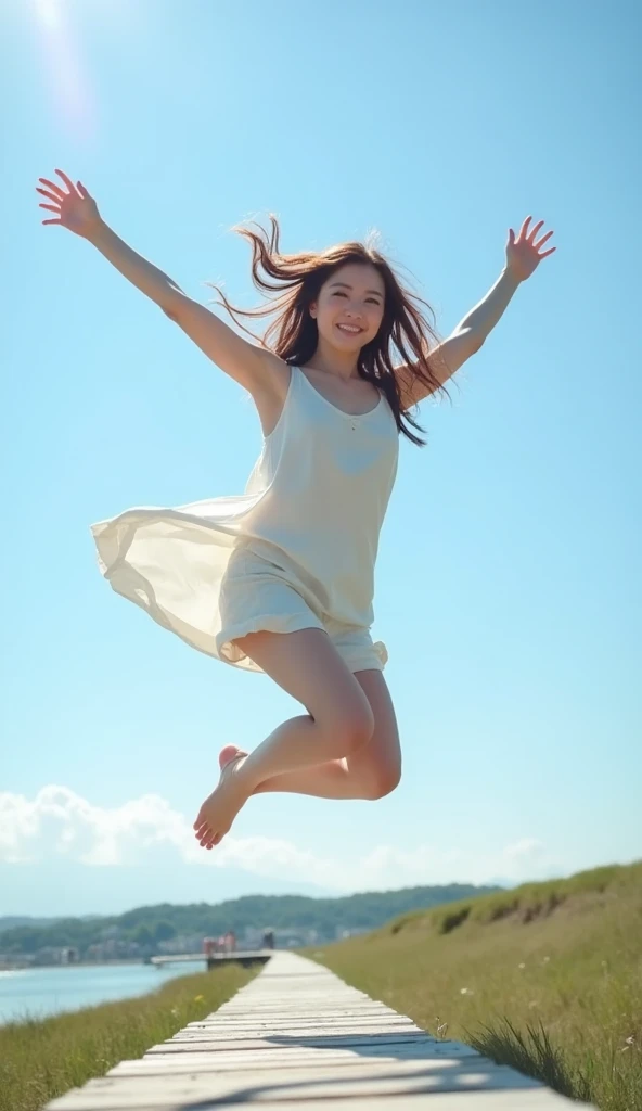top-quality、8k picture、Japan woman jumping in the air with arms outstretched in white bra top, One lady、chiho, kawaii playful pose of a dancer, tsubasa nakai's style, jumping pose, She flies and floats in the air, rinko kawauchi, , Shiori Teshirogi, [ floating ]!!
