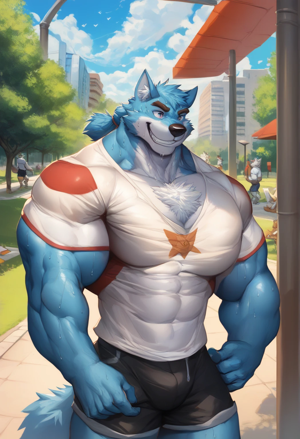 ((best quality)), ((masterpiece)), (Ultra detailed), ((4k)) , Full Body , Solo , Anthro Wolf , Light Blue Fur , Red Short Hair ,Red Beard , Handsone , Good Looking , Green Eyes , Middle Ages , Huge Pecs , Bodybuilder Chubby Fat , White Tuxedo , White Jeans , White Shoes , Flower