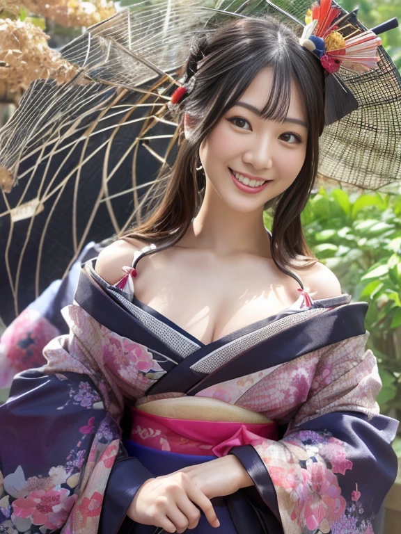 (wearing only colorful-FURISODE), Best-quality, Masterpiece, Ultra-High-Resolution, (Photorealistic:1.4), Raw-Photo, at Japanese-shrine, 1girl, solo, 20-years-old, the most famous Japanese idol, (extremely cute face, ((extremely cute big-black-eyes)), extremely cute hairstyle, extremely beautiful and extremely realistic skins, extremely cute eyelashes, extremely cute lips), (perfect-proportion, extremely beautiful abundant-cleavage), upperbody-shot, innocent-smile, dynamic-pose, (detailed colorful-FURISODE)