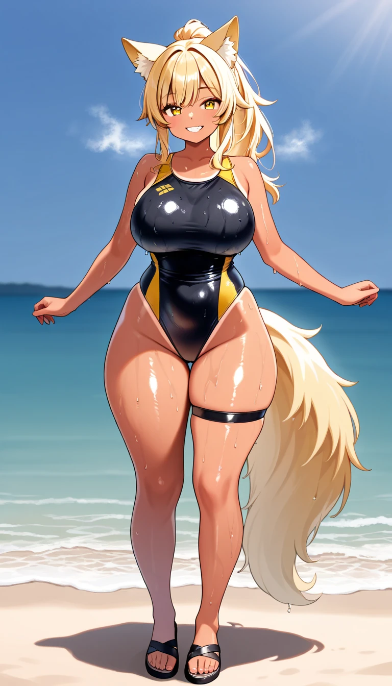 big muscular, women, black, full body latex suit, sexy, 
blond long hair, 200cm tall, sea, nipple, wolf furry, big boobs, tail, femdom, beautiful,sexy pose ,