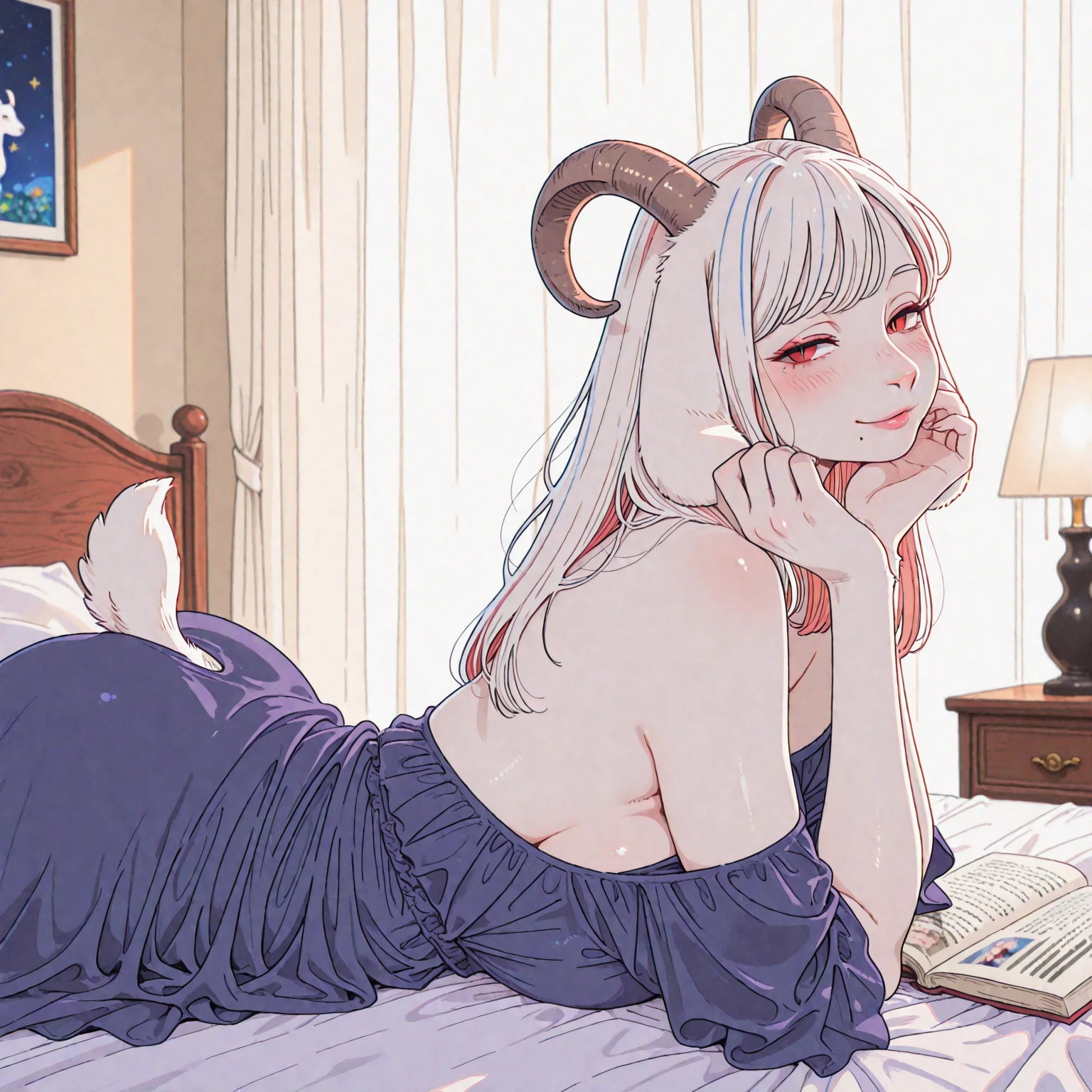 (High quality) (best quality) (A woman) (correct physiognomy) (perfect pupils) (perfect eyes) woman Human-sheep hybrid, deep white hair, long and fluffy, two Sheep ears coming out of her head, Red eyes, sensitive lips, feminine appearance, soft facial features, thin eyebrows, soft skin, rosy cheeks, rosy lips, silky eyelashes, dreamy expression, middle age, youthful clothing, sweatshirt with print sheep, photo illuminated by sunlight, Woman lying in her bed.