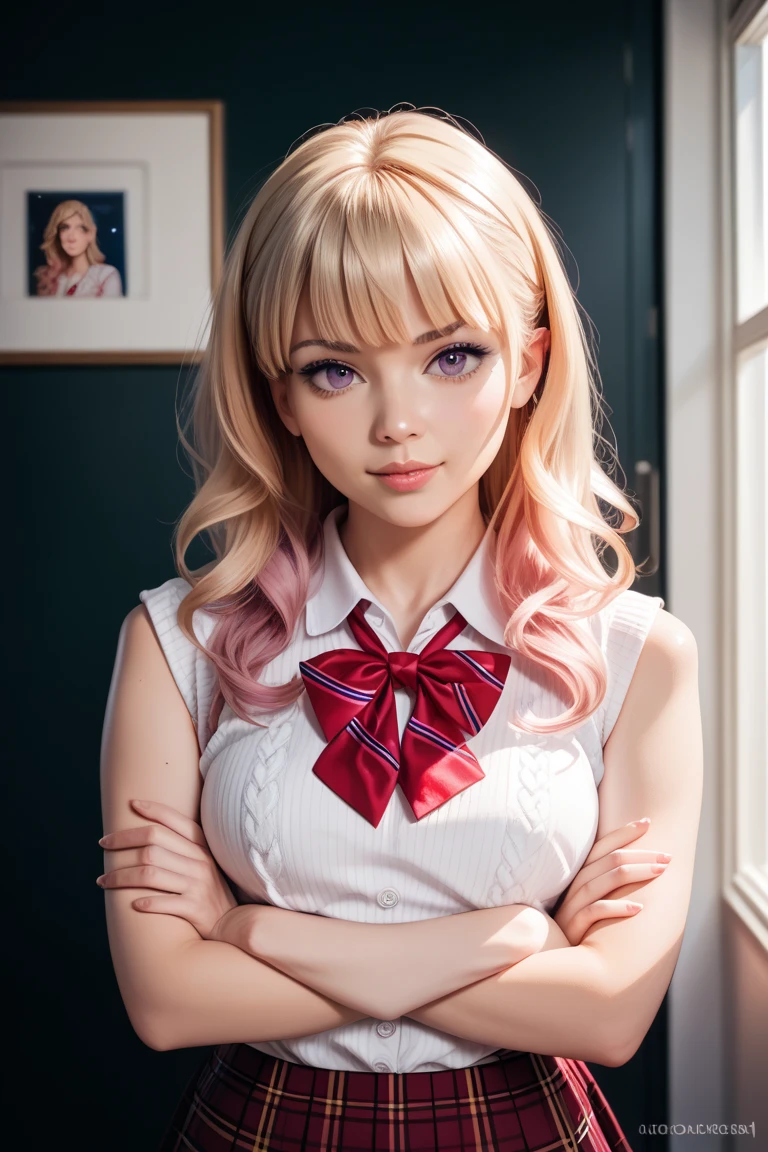 1 girl, blonde hair, long hair, big lips, Pink eyes, heart-shaped pupils, split, the bow tie, cardigan, Exquisite necklace, earrings, huge breasts, show tongue, Eyes rolled back, blush, nose blush, gradient background, sparkles, anime, seductive, intimate, Vulgar posture, Send pose, sexy worth it