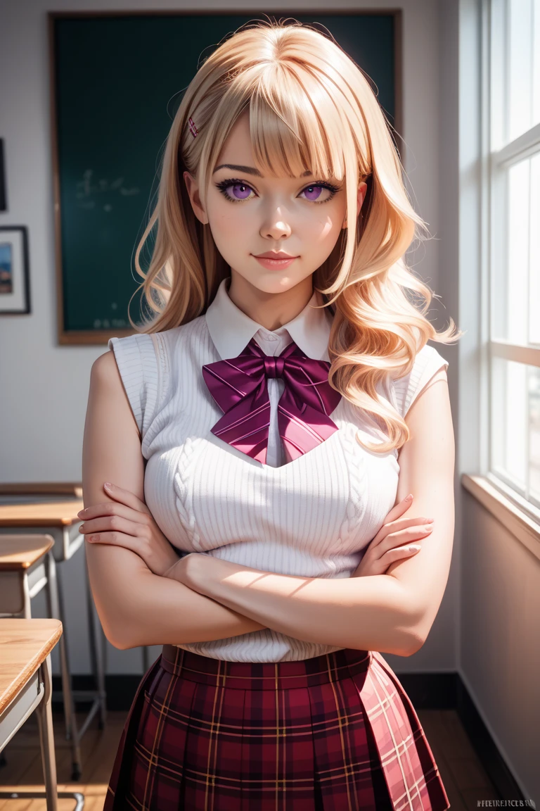 realistic, masterpiece, best quality, ultra-detailed, volumetric lighting, best shadow, half-body,<lora:Heidi:0.7>, xyzheidi, freckles, eyeliner, (realistic:1.3), 1girl, skinny, teen, solo, breasts, looking_at_viewer, sitting on desk, smile, blonde_hair, twin_braids, lips, xtremely detailed face, sexy pose, fullbody, standing, looking at viewer, small breasts, slim body, (cleavage:0.5), (schoolgirl uniform, tie, long sleeve dress shirt, black pleated skirt, socks), (classroom:1.2) (focus on woman:1.0) red spotlight on woman | cinematic shot | wood | dark atmosphere sculpting the forms in sharp chiaroscuro | (sharp focus:1.2), (photorealistic:1.0), (highly detailed skin), (detailed face:1.2), detailed background, intricate details, volumetric lighting <lora:SyFyEye1_v1.0:0.6>