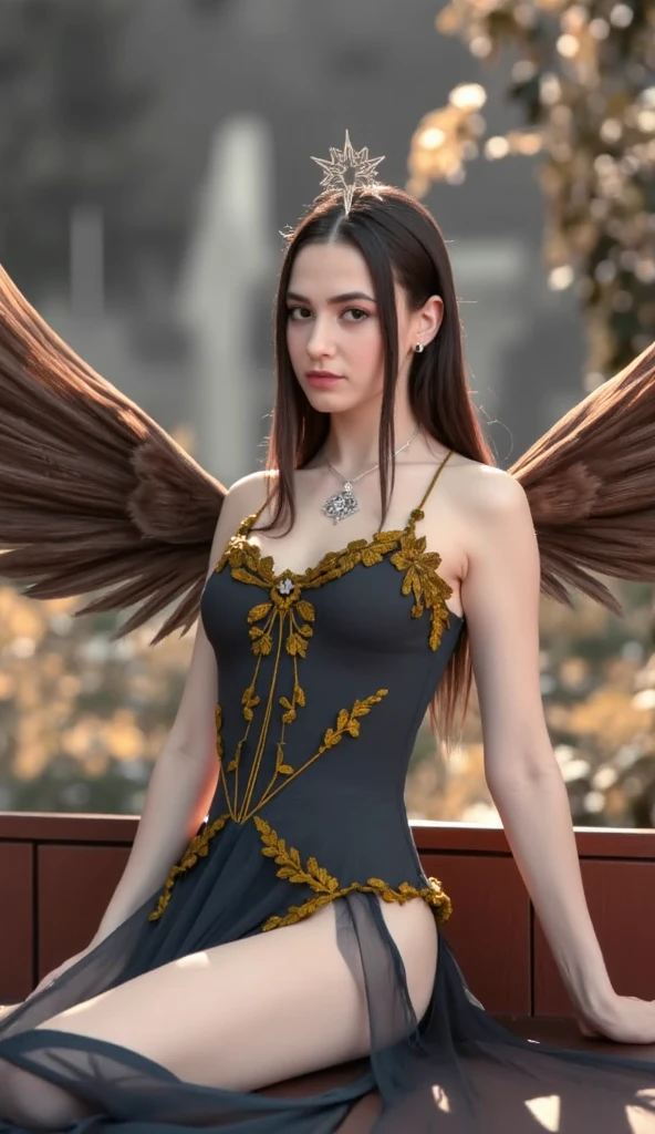 1 woman, (((green eyes, green pupil))), (pale blonde hair), dressed in an angel-inspired outfit, with a white tinsel minidress, cloud decoration, adorned with cloud decorations in the sky, flickering lights, complemented by decorations as if in heaven, ((angel woman)), ((angel)), ((medium shot of an angel woman)), ((film of joys and supercon)), ((aesthetics religious)), ((ultra detailed,)) ((photorealistic)), masterpiece, ultra pale skin, ((elegant clothes)), ((perfect body)), ((open mouth smiling)), ((harp in hands)), ((holding a harp)), ((A very hopeful queen angel, Final form as a complete female angel, The masterpiece of an angel, King of angels, The most worthy angel, Complex angel figure and majestic.,The most majestic figure of an angel.,The most intricate representation of the angel.,Intricate reproduction of perfect angelic details.), Giant angel wings, ((sky)), ((little angels surround the woman) ), ((the sky in the background))