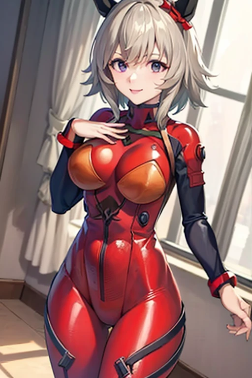 (masterpiece, best quality), 1girl, Medium blue Messy Side Swept Hair with Taper Fade, Size H breasts, <lora:sukebei leotard:1> sukebei leotard, red sukebei leotard, bare legs, covered navel, covered nipples, cameltoe, sideboob
