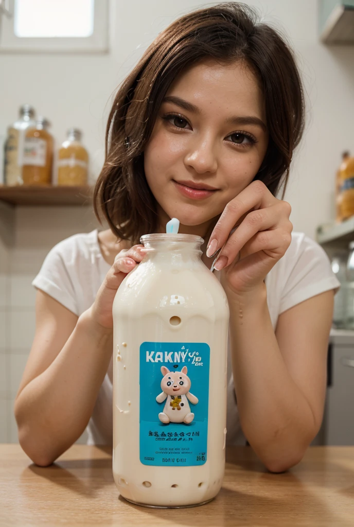 1 korean woman, big breasts, strikingly beautiful, delicate facial features, porcelain skin, expressive eyes, black hair, red lips, Picture a vibrant advertisement straight out of korea from the 1980s. The primary focus of the image is a young woman, radiant and full of energy. big breasts, strikingly beautiful, delicate facial features, porcelain skin, expressive eyes, black hair, red lips, erotic pose, her hair styled in classic pin curls, ((swimsuit from the 1980s)), She holds a bottle of Calpis with an infectious smile, taking a sip from a straw. The Calpis logo, in its signature font, stands out against a backdrop of soft, dreamy pastels. The entire scene exudes youth, vitality, and the refreshing taste of the beverage,