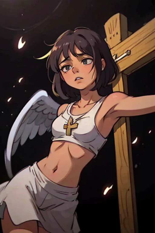 Girl Tied to a Cross，A cross of light in your eyes,Halo,Wing relief，Smile,Show your whole body，Open your arms，Anime Style，naked，Concept Art，Pin-up posters，Fluttering feathers,Shiny Wing Bikini,A shining cross on the crotch